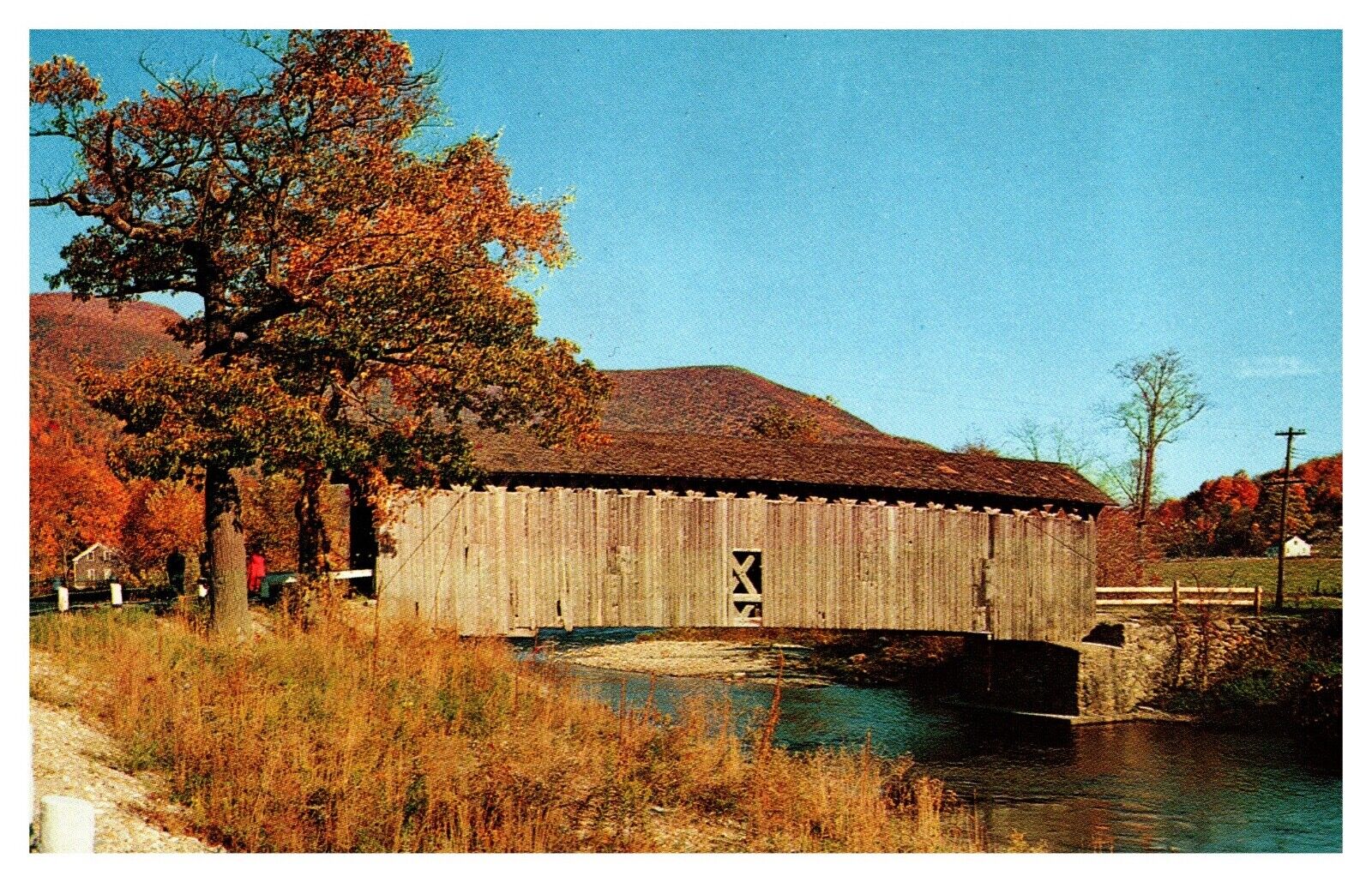 West Arlington VT Vermont Covered Bridge Battenkill River Autumn Chrome Postcard