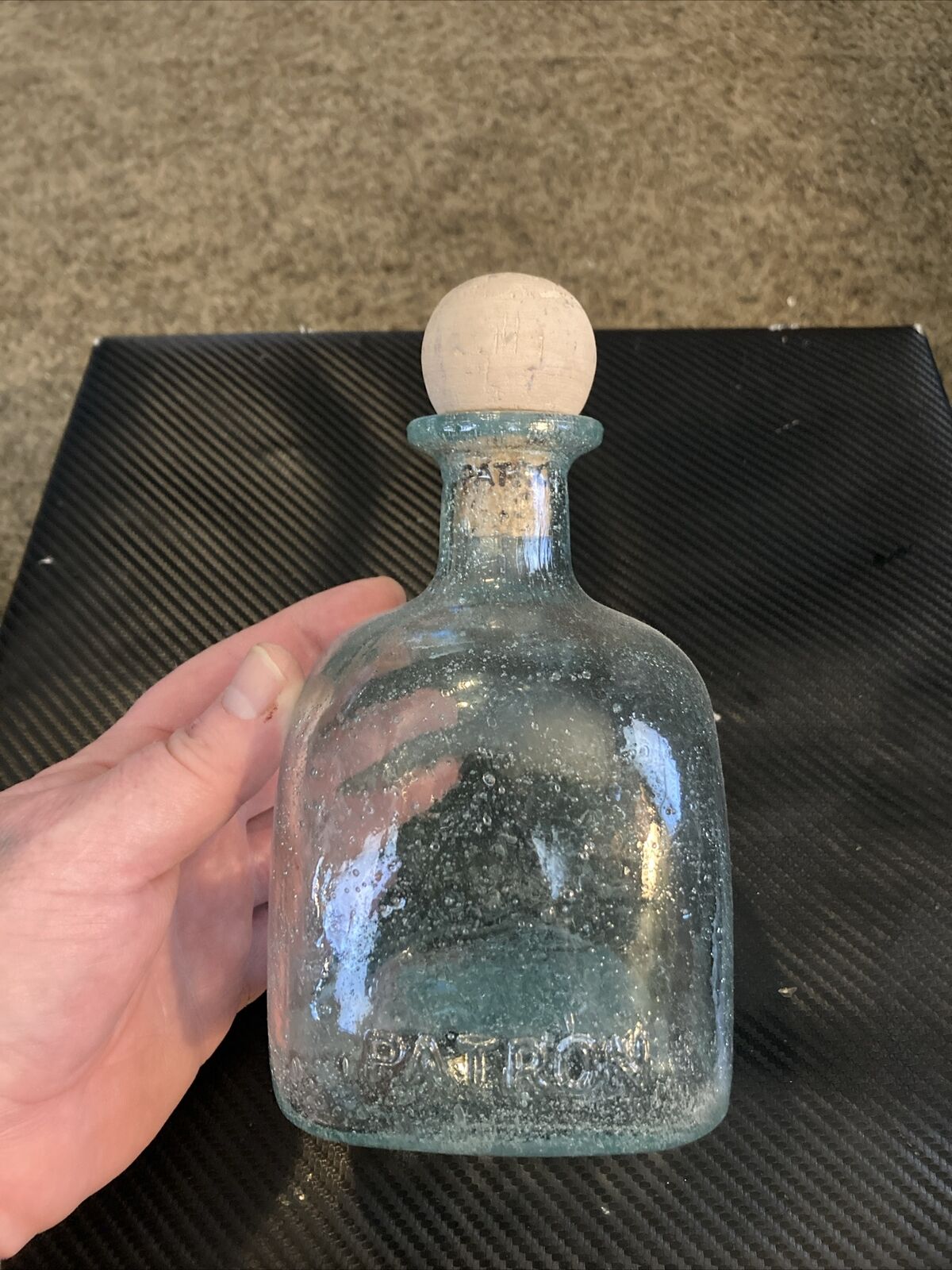 Patron Tequila Bottle 1.75L Empty With Cork No Label Aqua Blue With Bubbles Rare