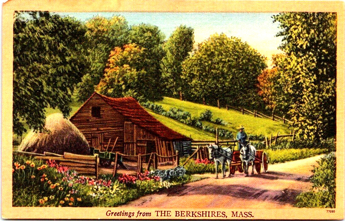 Greetings from the Berkshires Massachusetts, Horse Cart, Barn, Linen Postcard