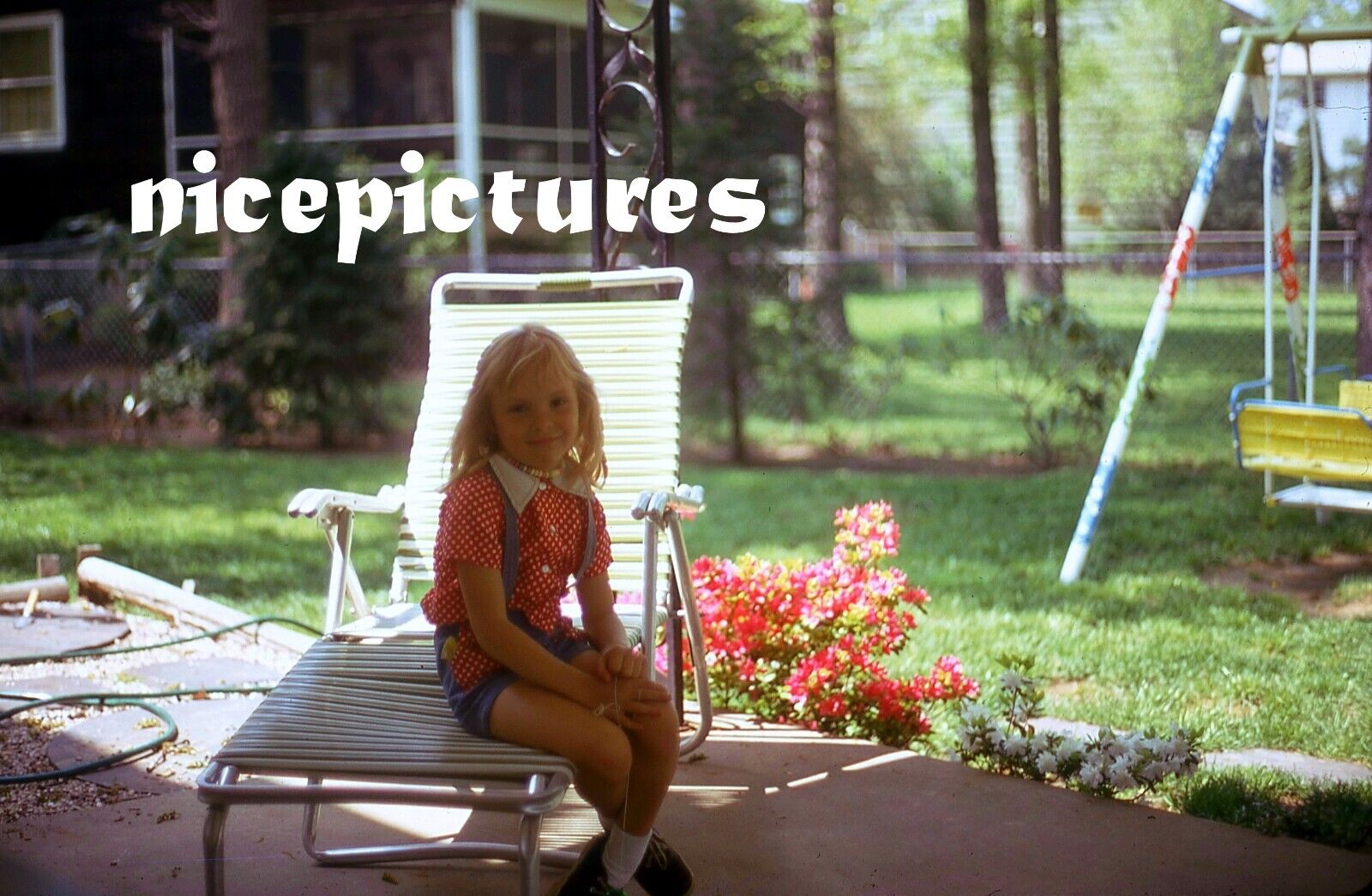 1974  original vintage slide New Jersey Girl sitting on lawn chair