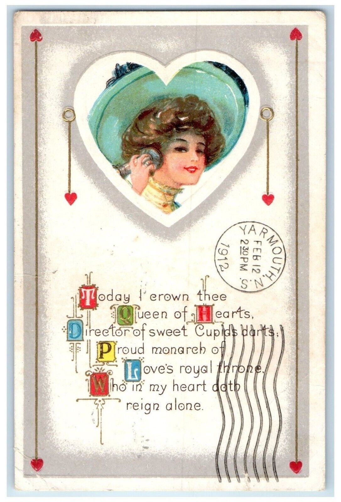 1912 Valentine Heart Woman Telephone Yarmouth Nova Scotia NS Antique Postcard