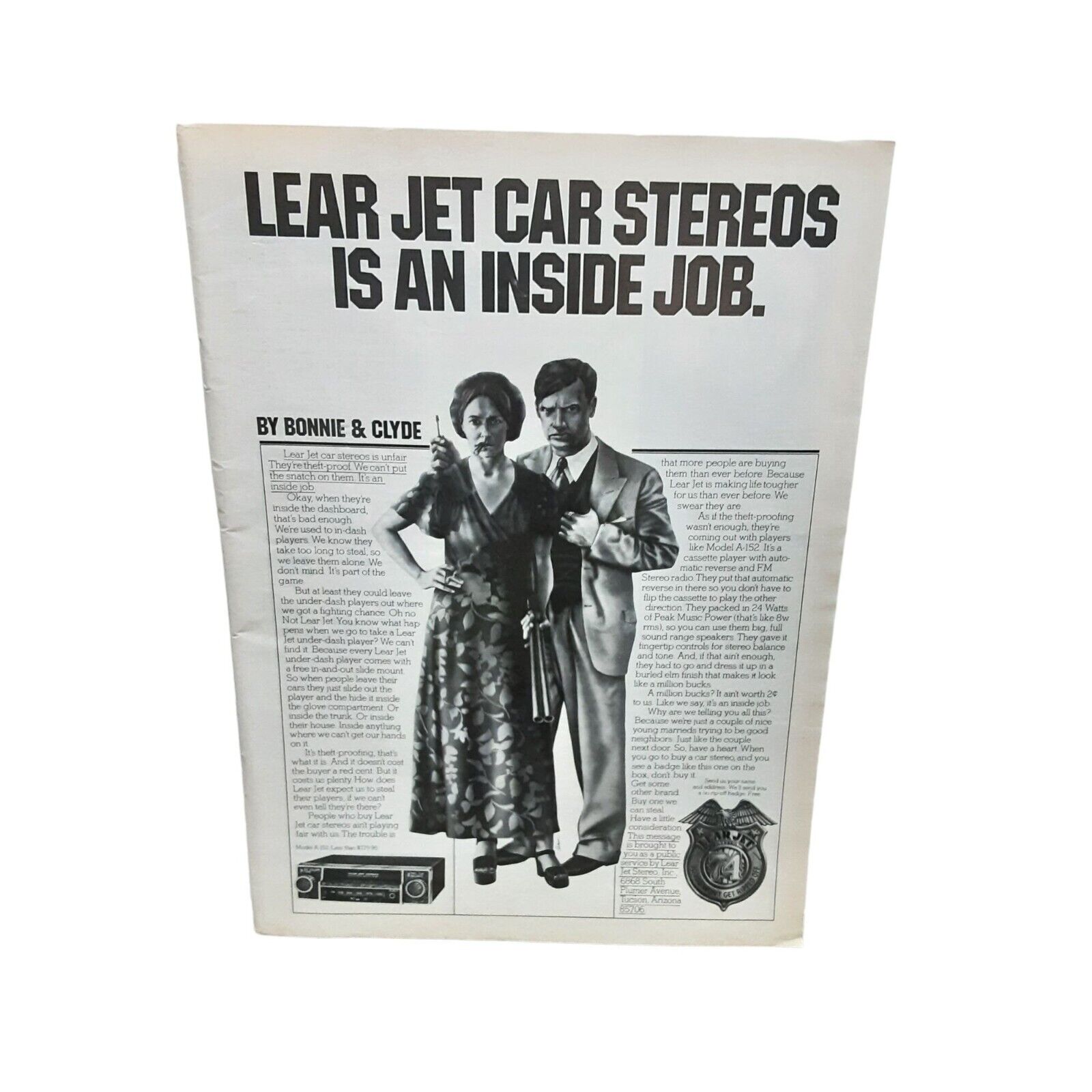1974 Lear Jet Car Stereos Bonnie & Clyde Original Print Ad Vintage