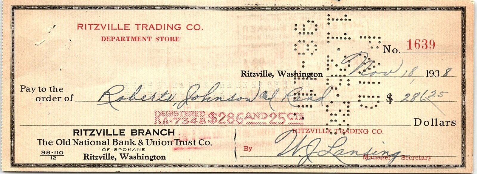 1938 RITZVILLE TRADING CO DEPARTMENT STORE WASHINGTON STATE BANK CHECK Z1594