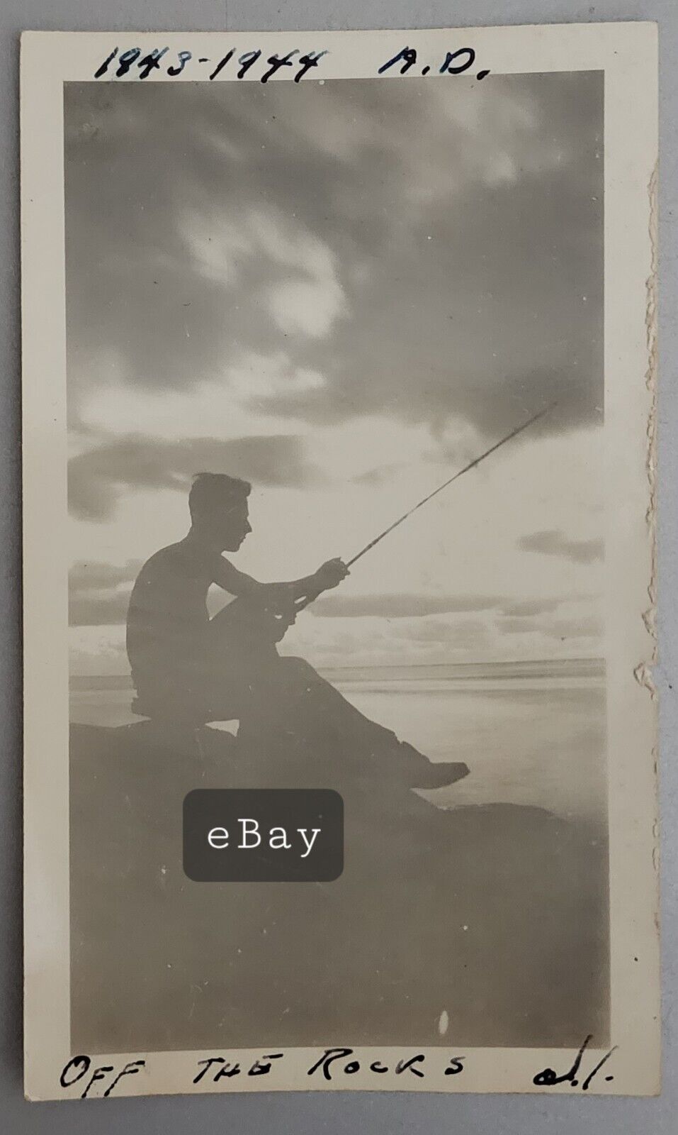 1943 1944 Off The Rocks Silouette FISHING Vintage Photo 