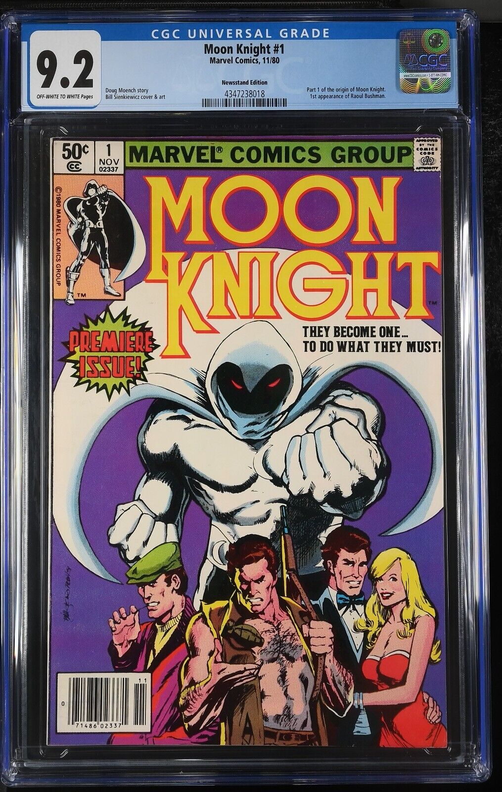Moon Knight #1 - CGC 9.2 - Newsstand 1980 - OW/W - 4347238018 -1st Raoul Bushman
