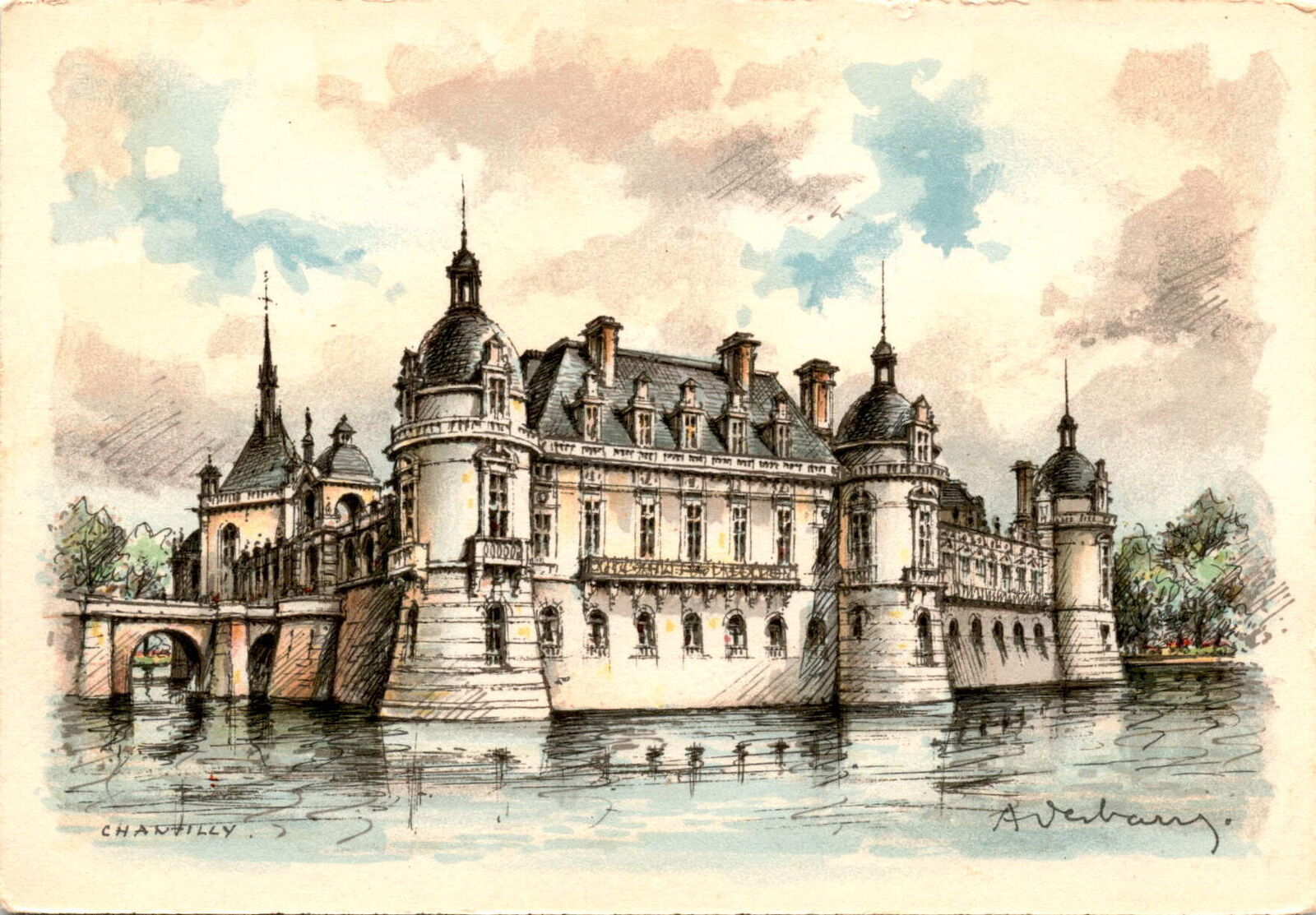 Château de Chantilly, historic chateau, France, postcard, M Barré & J.  Postcard