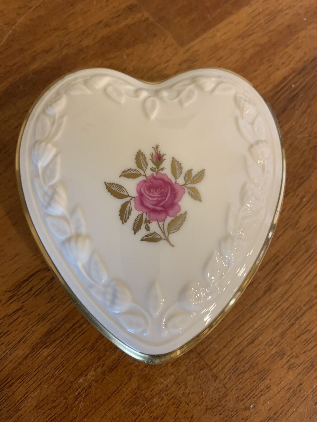 Vintage Lenox Heart Shaped Trinket Box, Rhodora Pattern Rose Lid, 24K Gold Trim