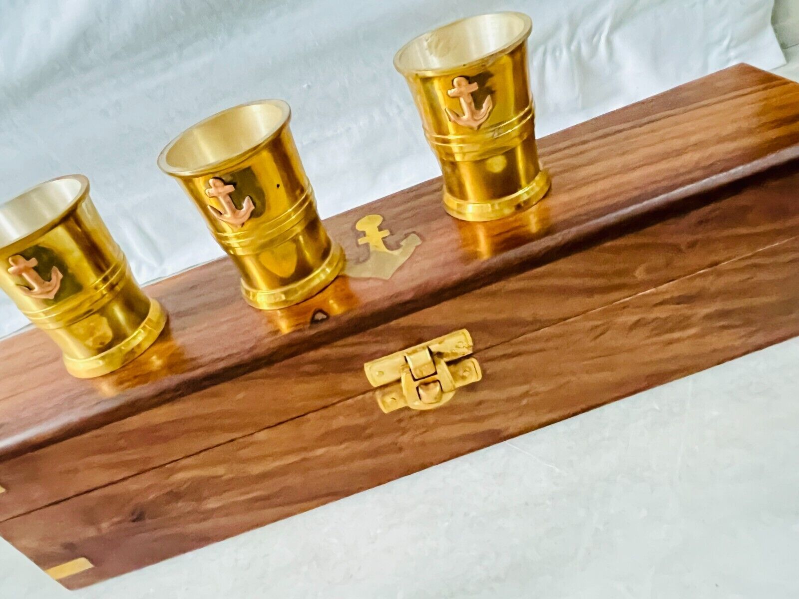 Nautical Marine Brass Anchor Shot Glasses W/ Wooden Box Set of 6 wine brass glas