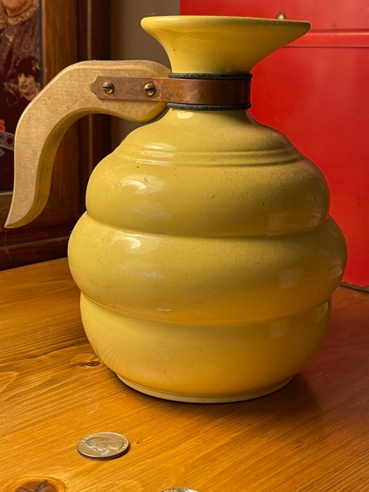 1930's Metlox California Pottery P620 Yellow Ceramic Carafe with wooden handle 