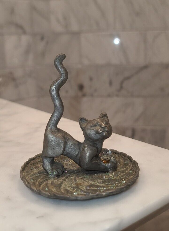 💥 Vintage 1993 Sunglo Pewter and Rhinestone Cat Ringholder , Beautiful Piece 💥