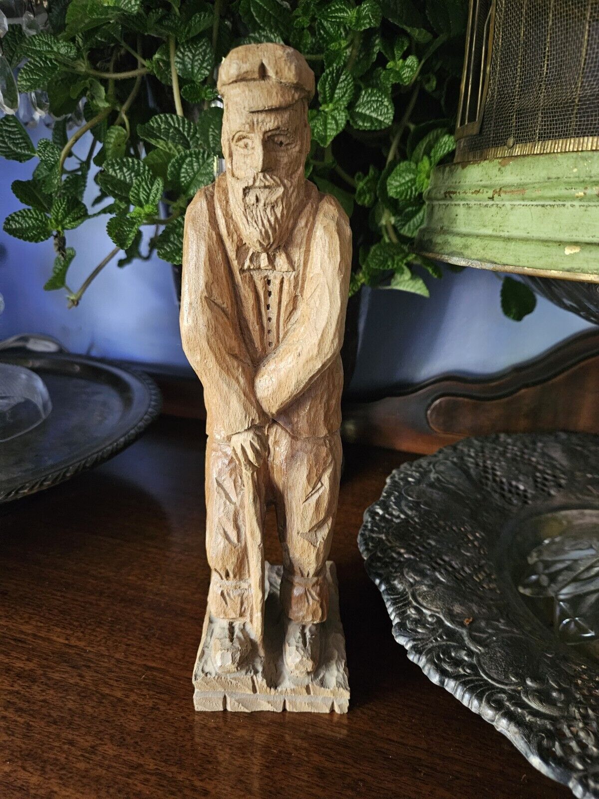 Vintage Wooden Fisherman Hand Carved Statue