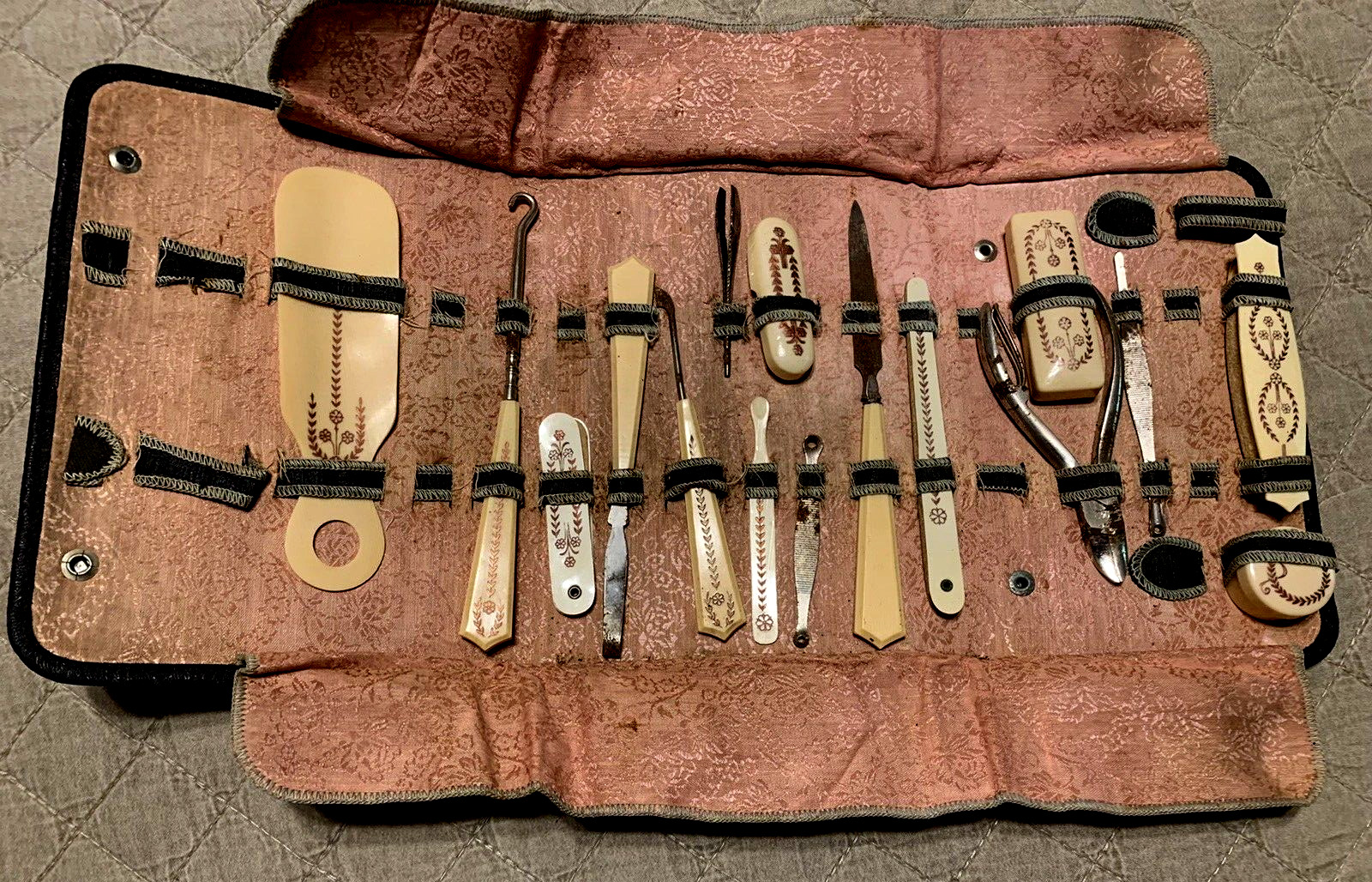 Antique 15 Piece Victorian French Ivory Celluloid Vanity Manicure/Grooming Set