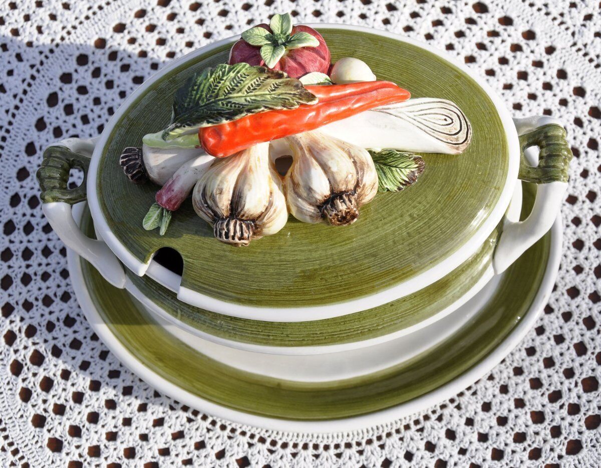 Vintage Italian Porcelain 3D Vegetables Lidded Soup Tureen with Underplate 3 pcs