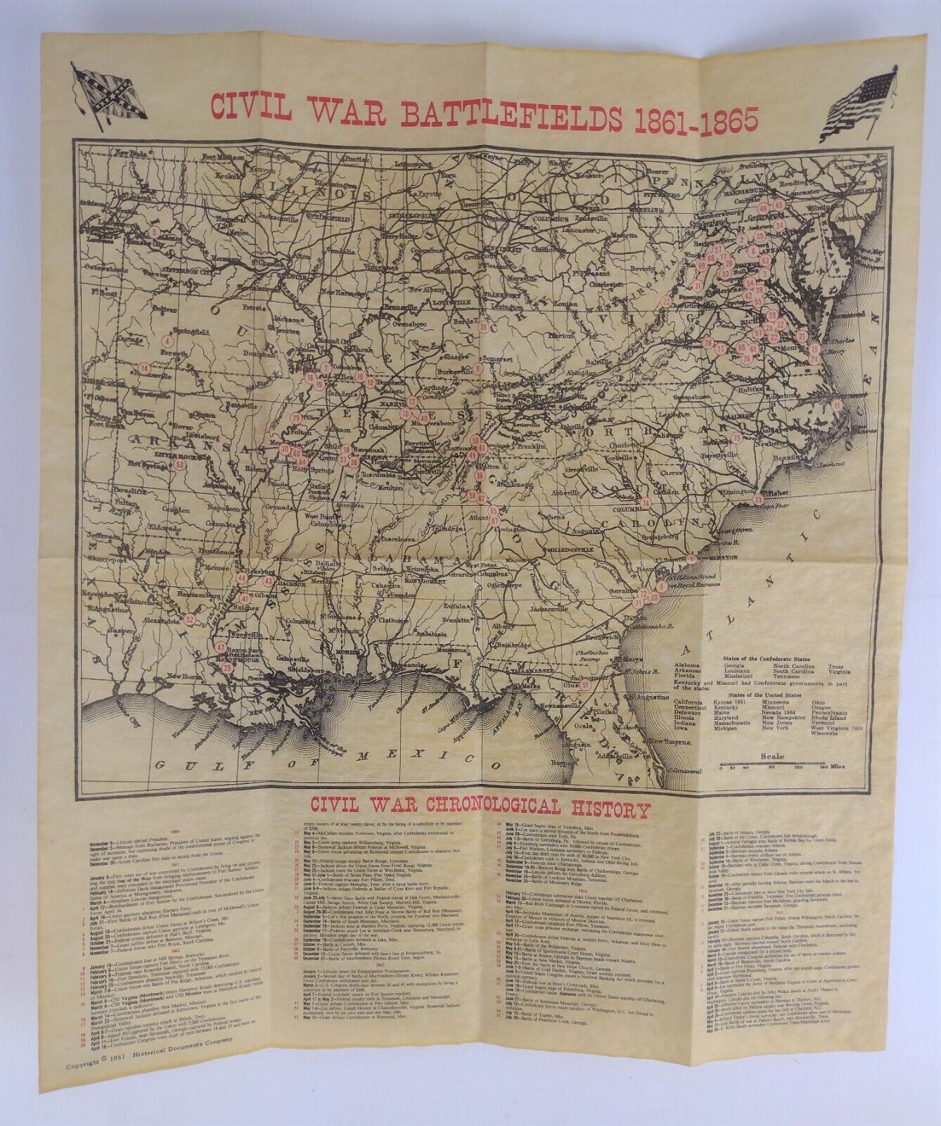 Civil War Battlefields 1861-1865 Map Chronological Historical Documents VTG 1961