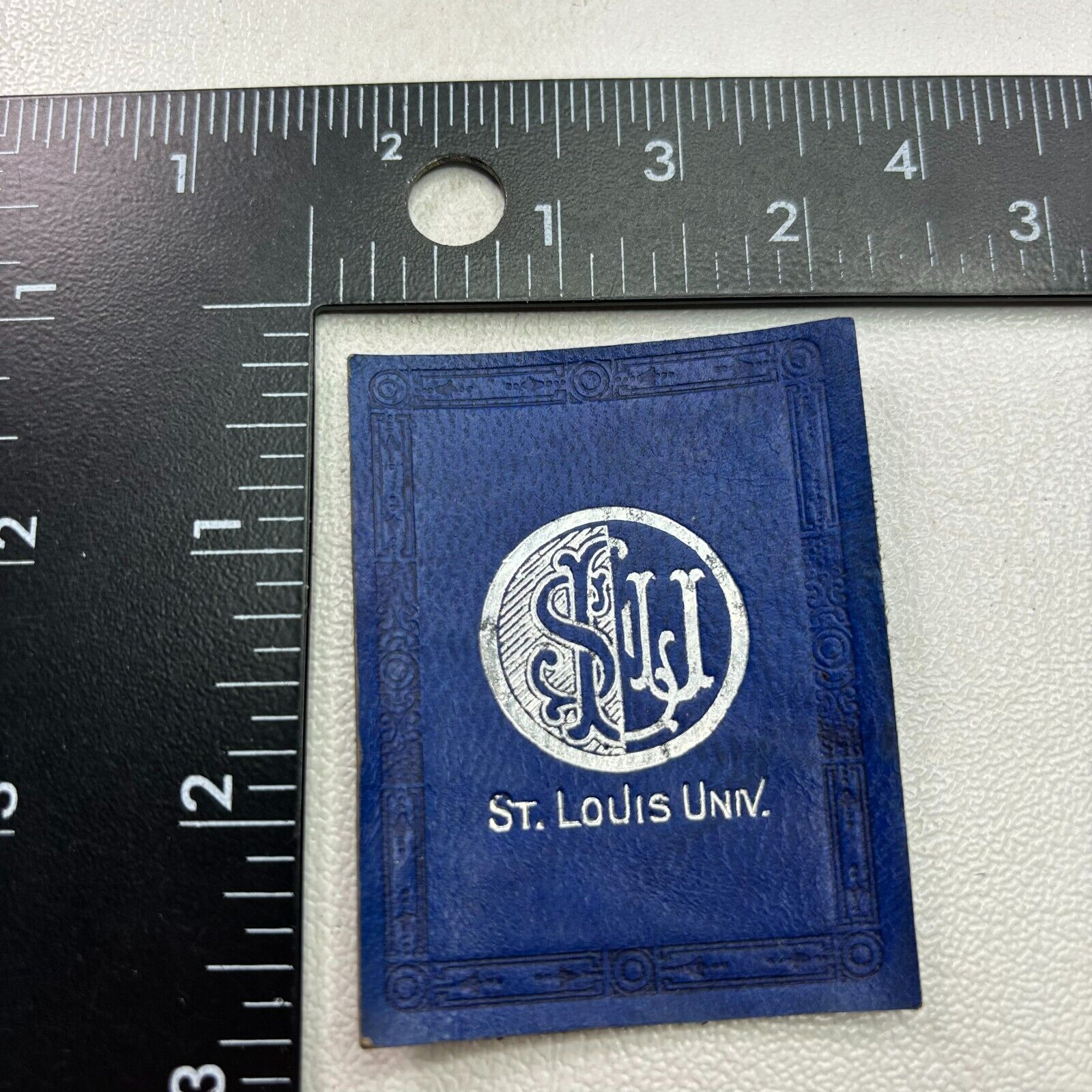 Vintage c 1910s ST. LOUIS UNIVERSITY Silver Embossed Tobacco Leather Patch 392T