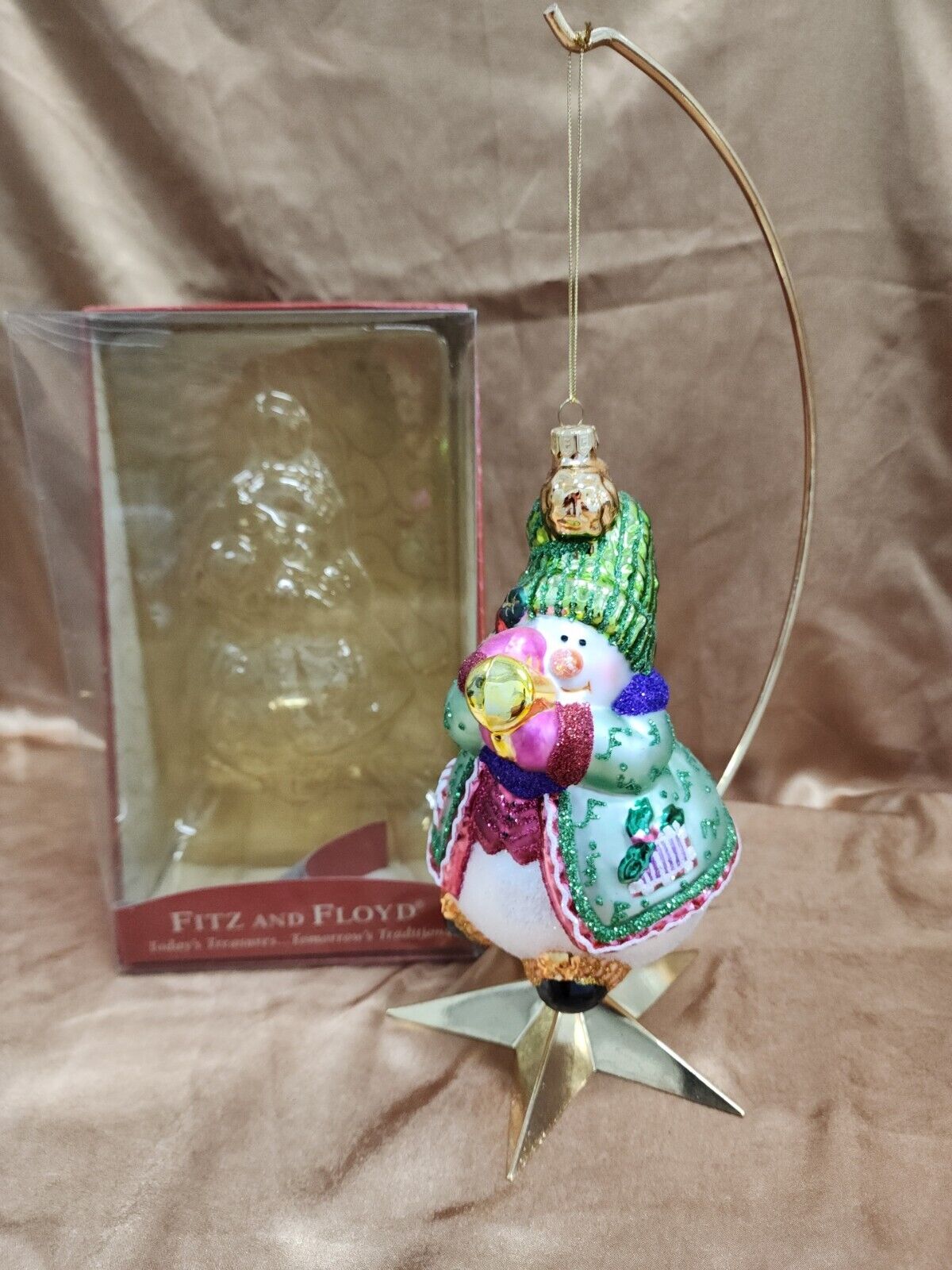 Fitz And Floyd 2004 Snowman Playing the Trumpet Ornament 19/1564 Boxed 7\