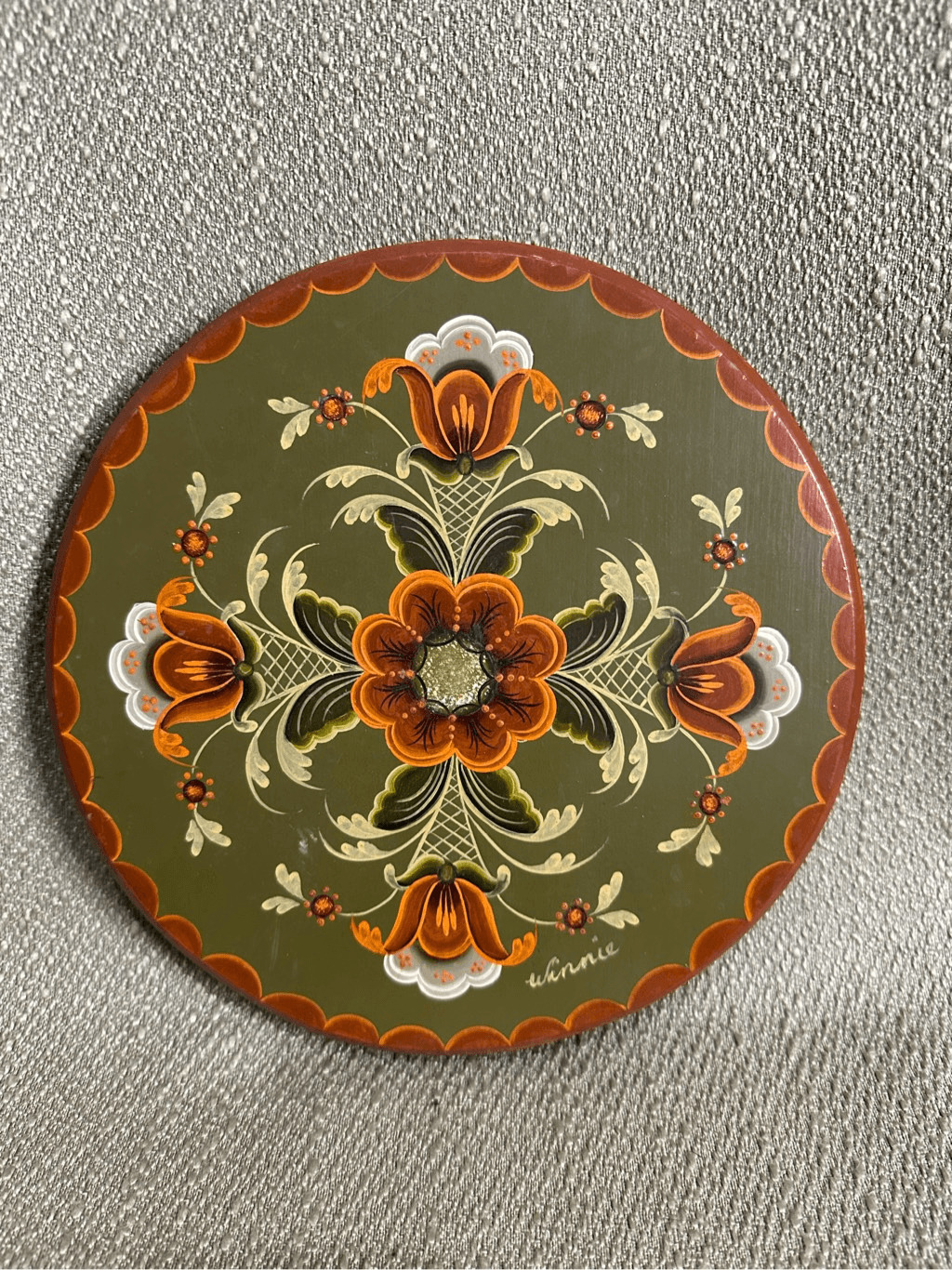 Norwegian Rosemaling Wooden Plate 7.5” Wall Hanging Hand Painted Signed Winnie