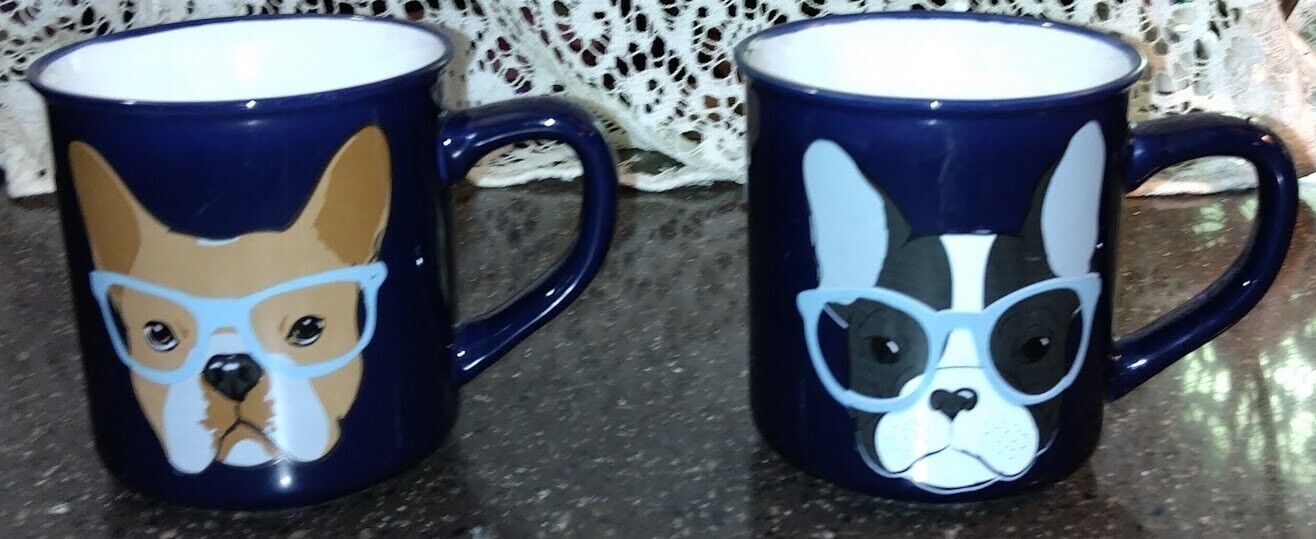 French Bull Dog Coffee Mugs Set of 2 bully\'s pets cups dark blue gift