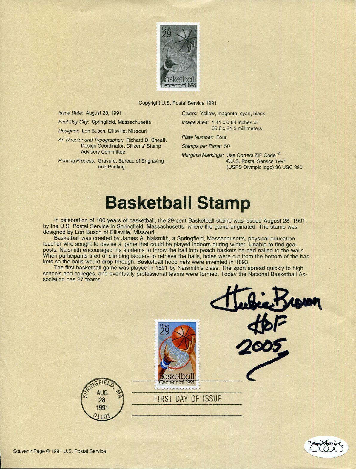 Hubie Brown NY New York Knicks Atlanta Hawks HOF Signed Autograph FDC Sheet JSA