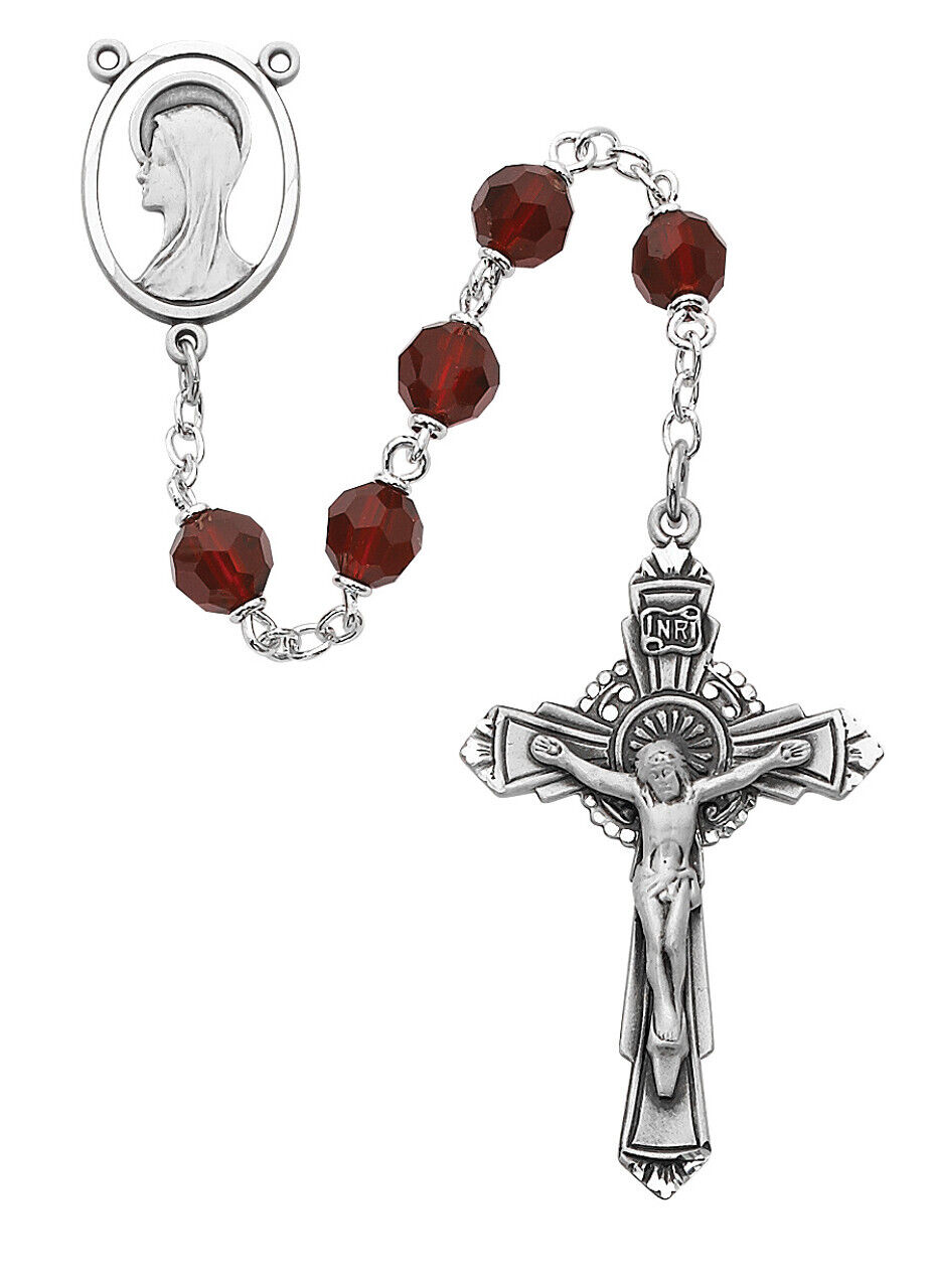 Red Rosary Garnet Red Tin Cut Sterling Silver INRI Crucifix Gift Boxed 7MM Beads