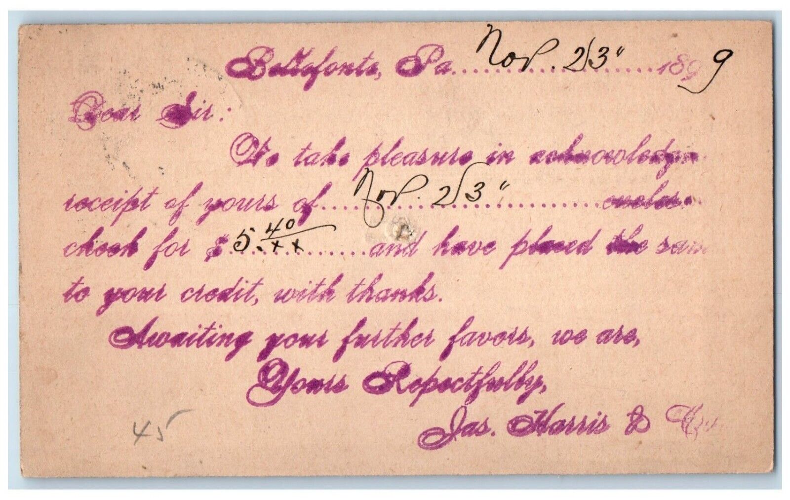 1898 Mr. AJ Griest Bellefonte Fleming PA Jas. Harris & Co.  Postal Card