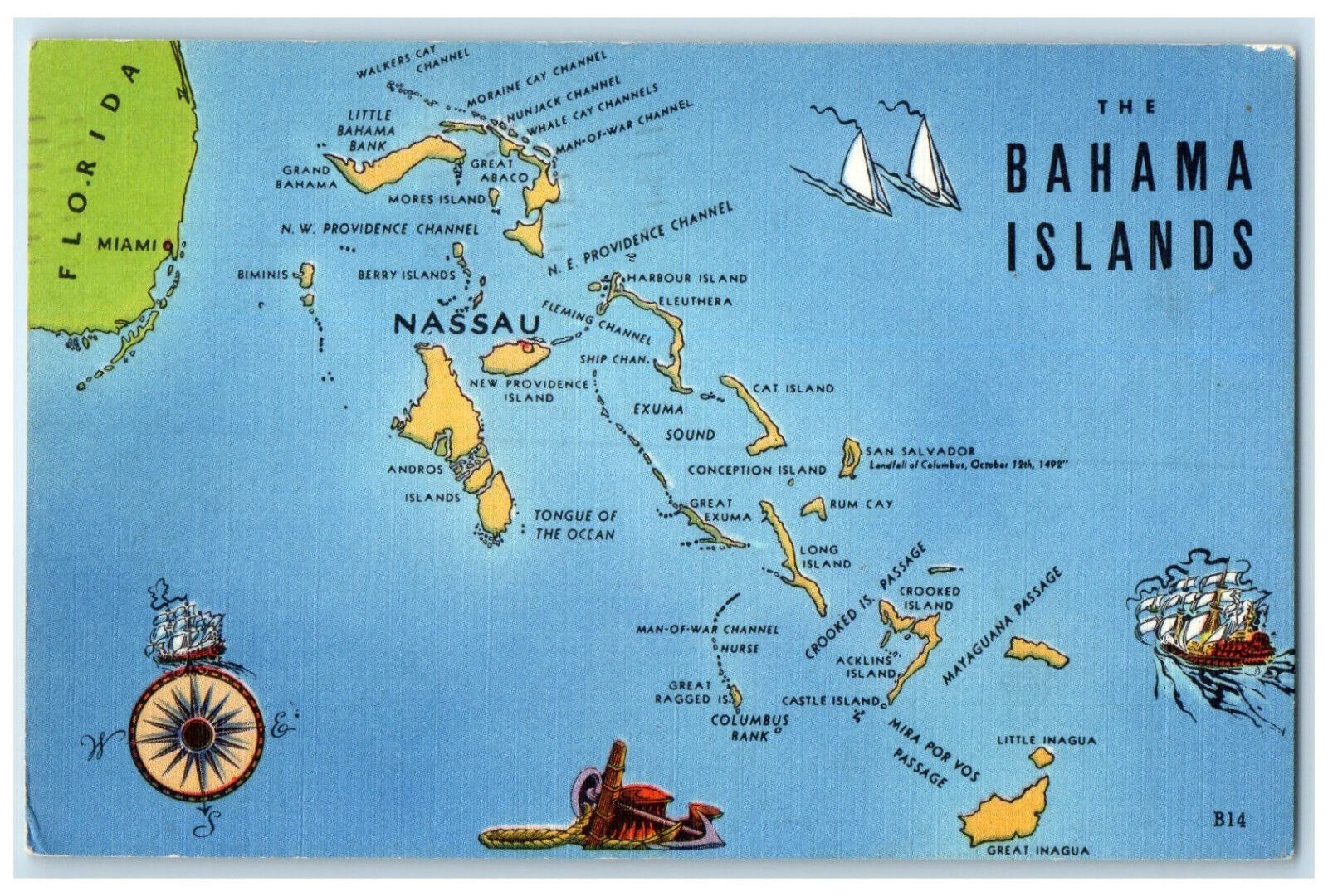 1964 The Bahama Islands Map As Guide for Tourists with Compass Nassau Postcard