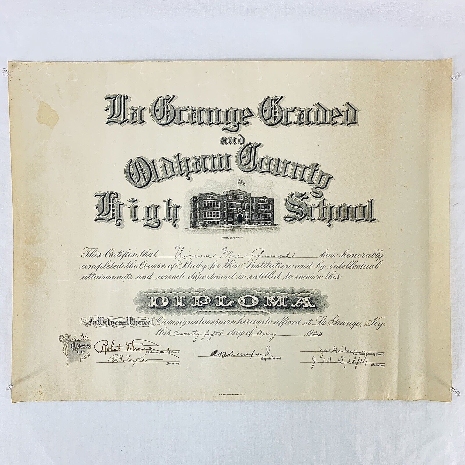 Vintage 1923 Diploma La Grange Graded and Oldham County Kentucky High School