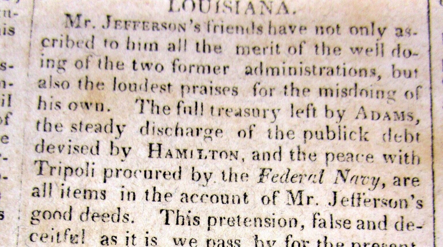 1806 newspaper w LOUISIANA PURCHASE by PRES THOMAS JEFFERSON explained in detail