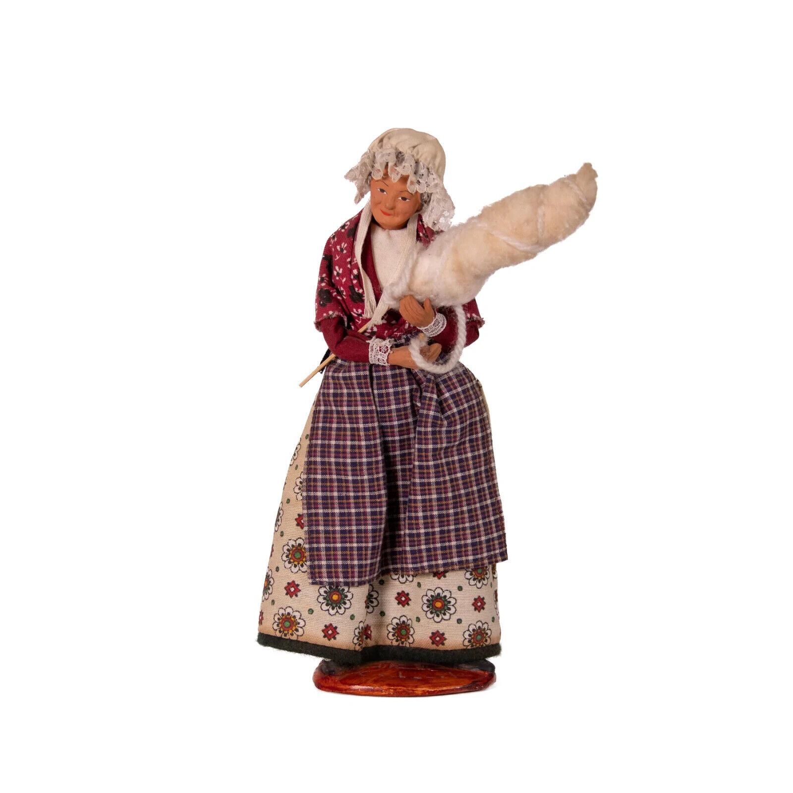 French SANTON DE PROVENCE Lady Doll Woman Spinning Clay Head, Hands & Feet Lace