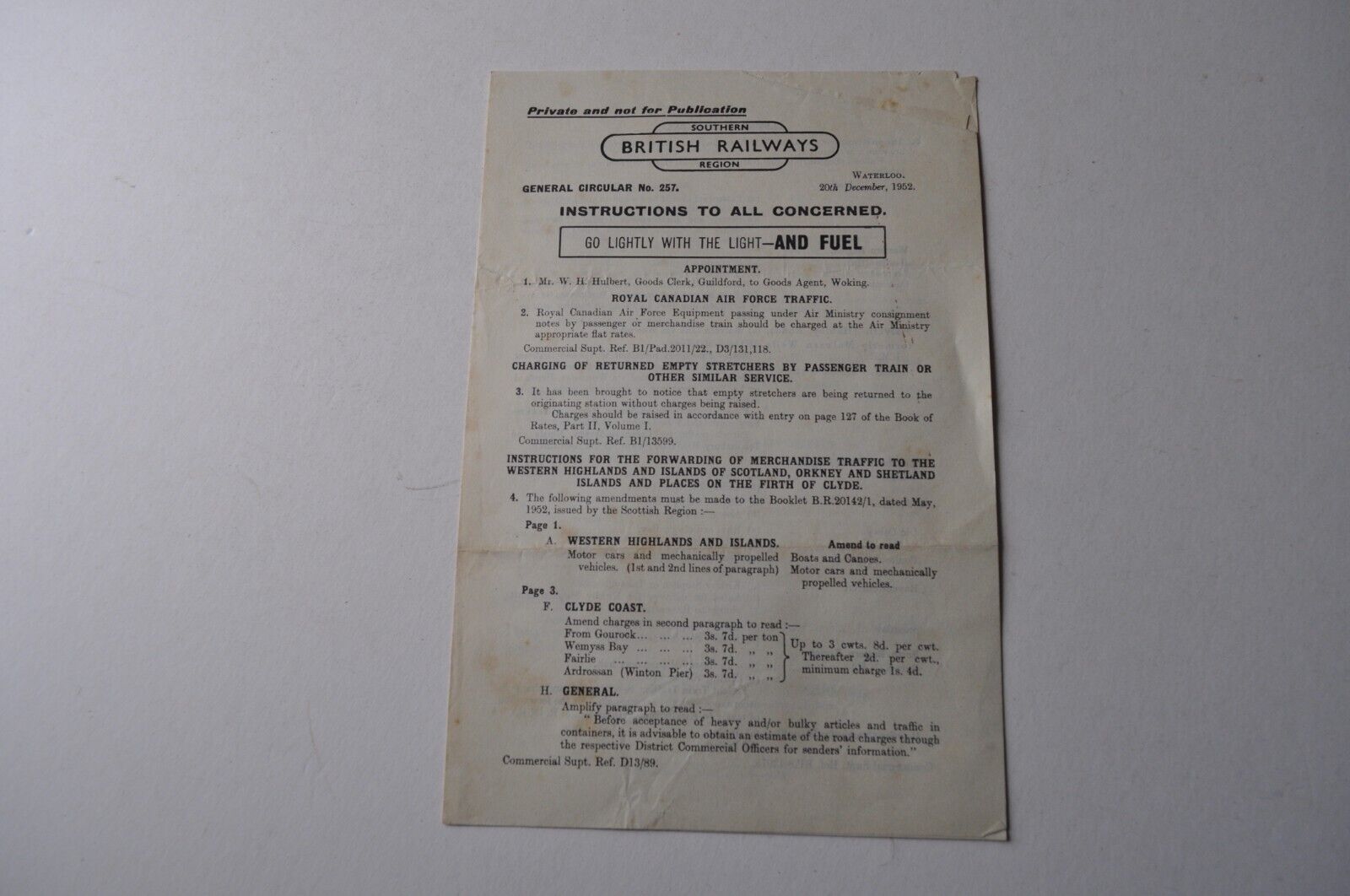 British Railways Southern Region General Circular No.257 December 1952