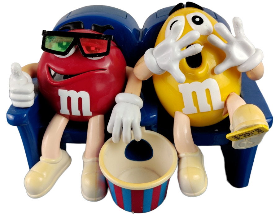 Vintage M&M\'s Movie Theater 3D Glasses Popcorn Bowl Candy Dispenser Red Yellow 