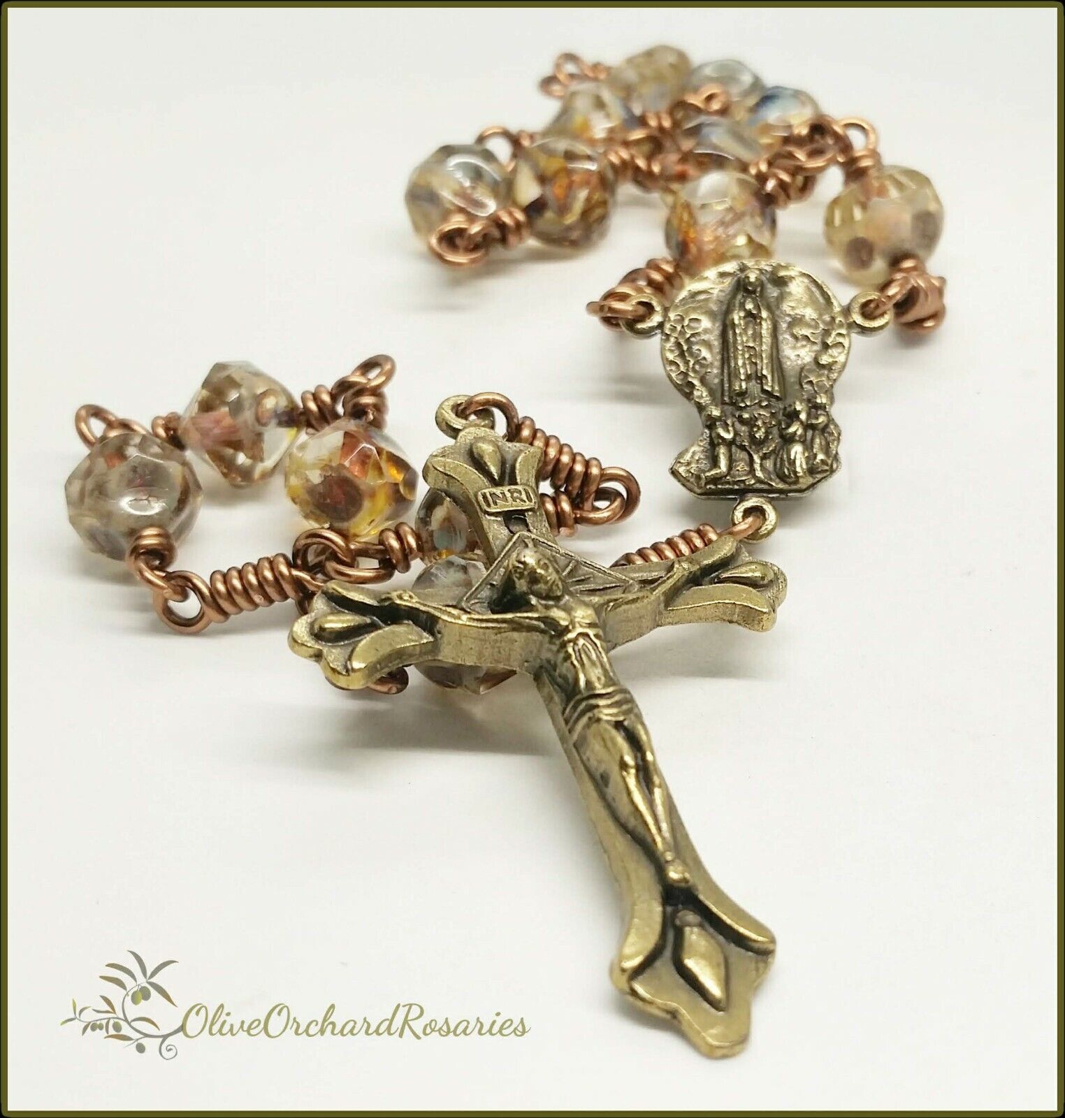 Handmade Our Lady of Fatima Picasso Czech Glass Beads Large One-decade Rosary