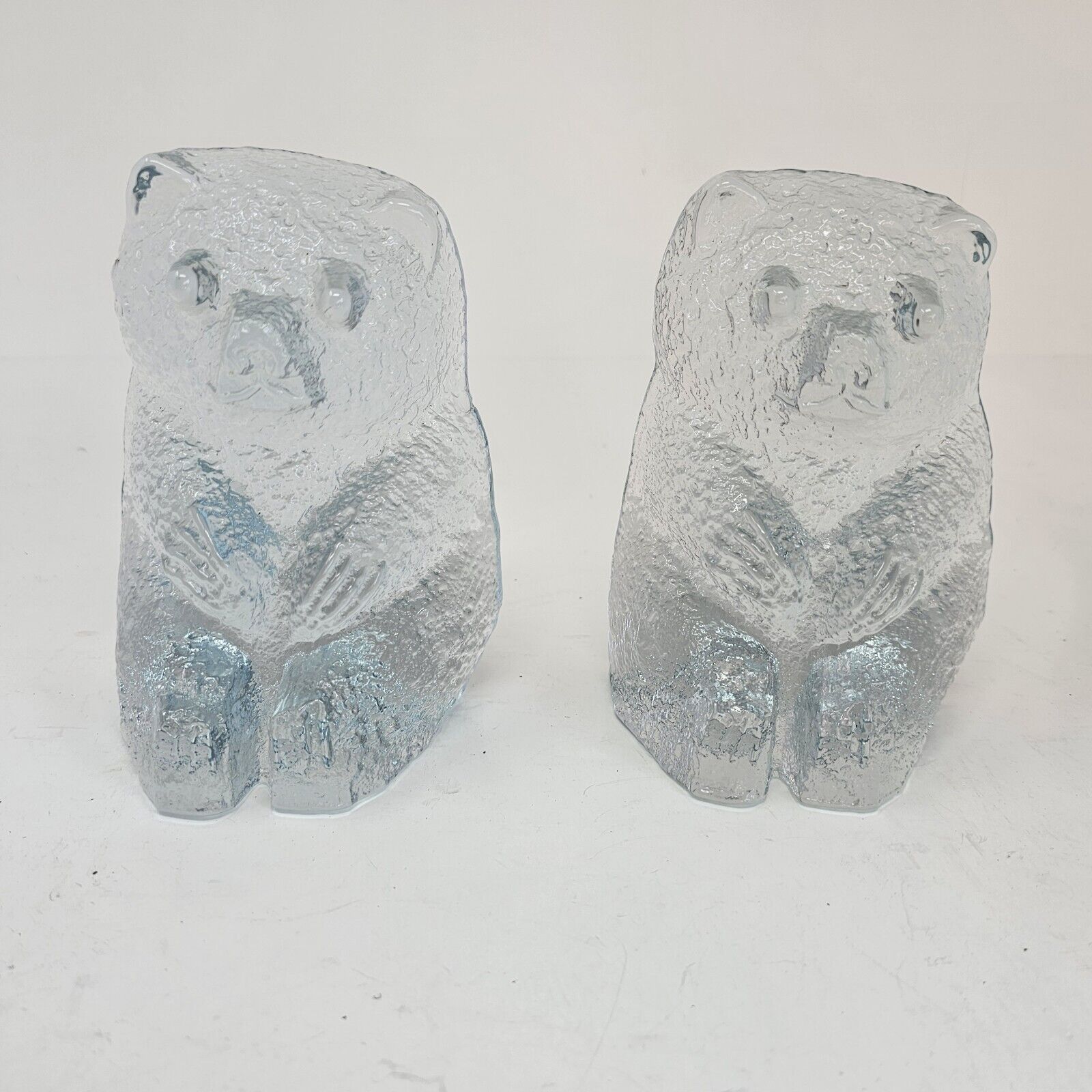 Set of Two Vintage Blenko Glass Clear Bear Bookends Heavy Thick Gummy Bears