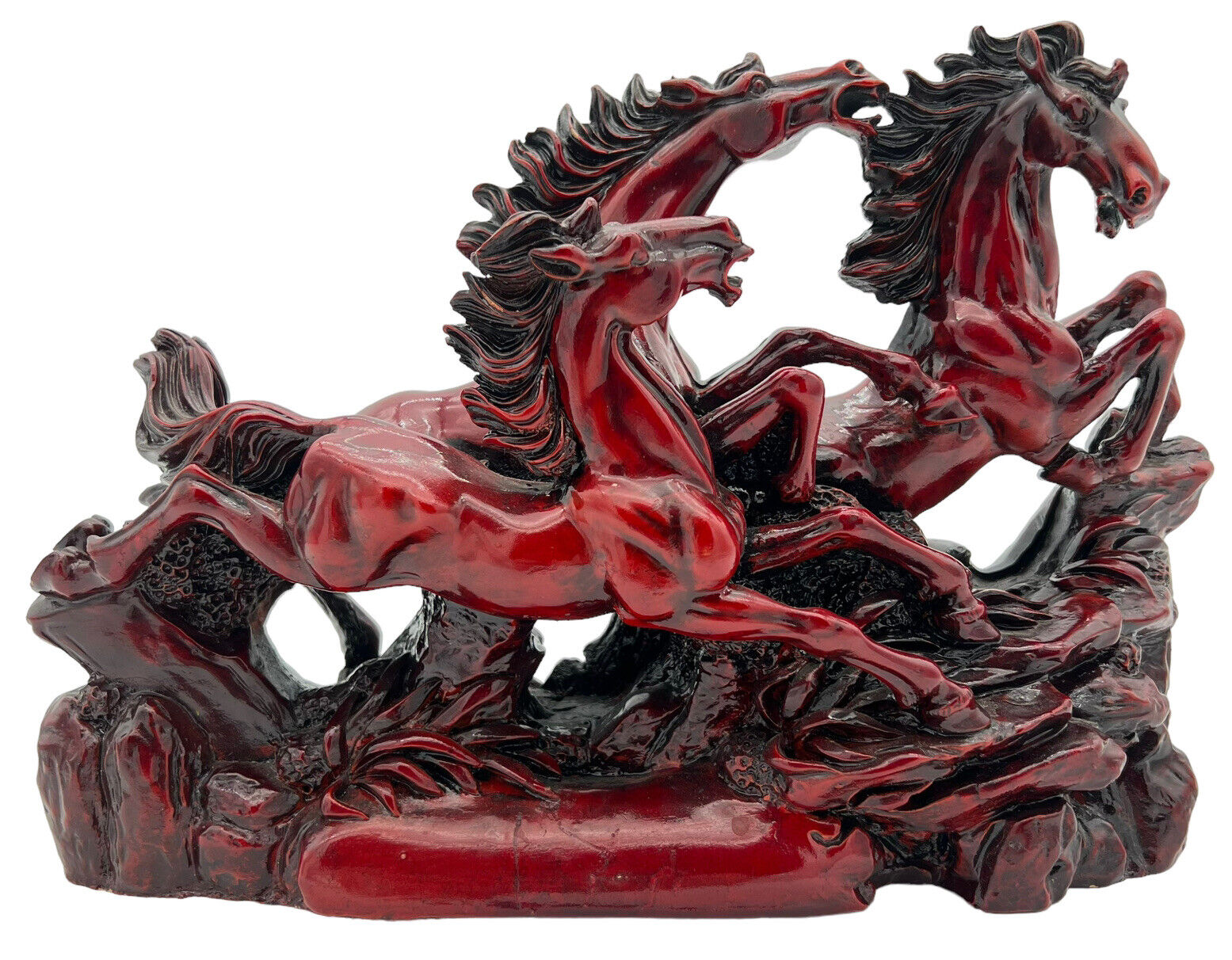 Three Wild Horses Stampede Galloping Sculpture Cinnabar Red Resin Western Decor