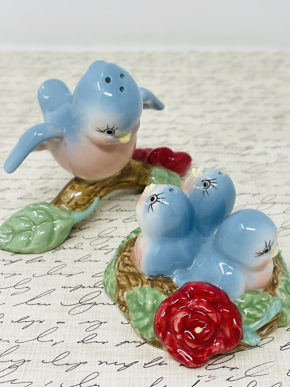 Anthropomorphic Blue Birds Flower Salt & Pepper Shakers DWS Kitschy Nest Mama