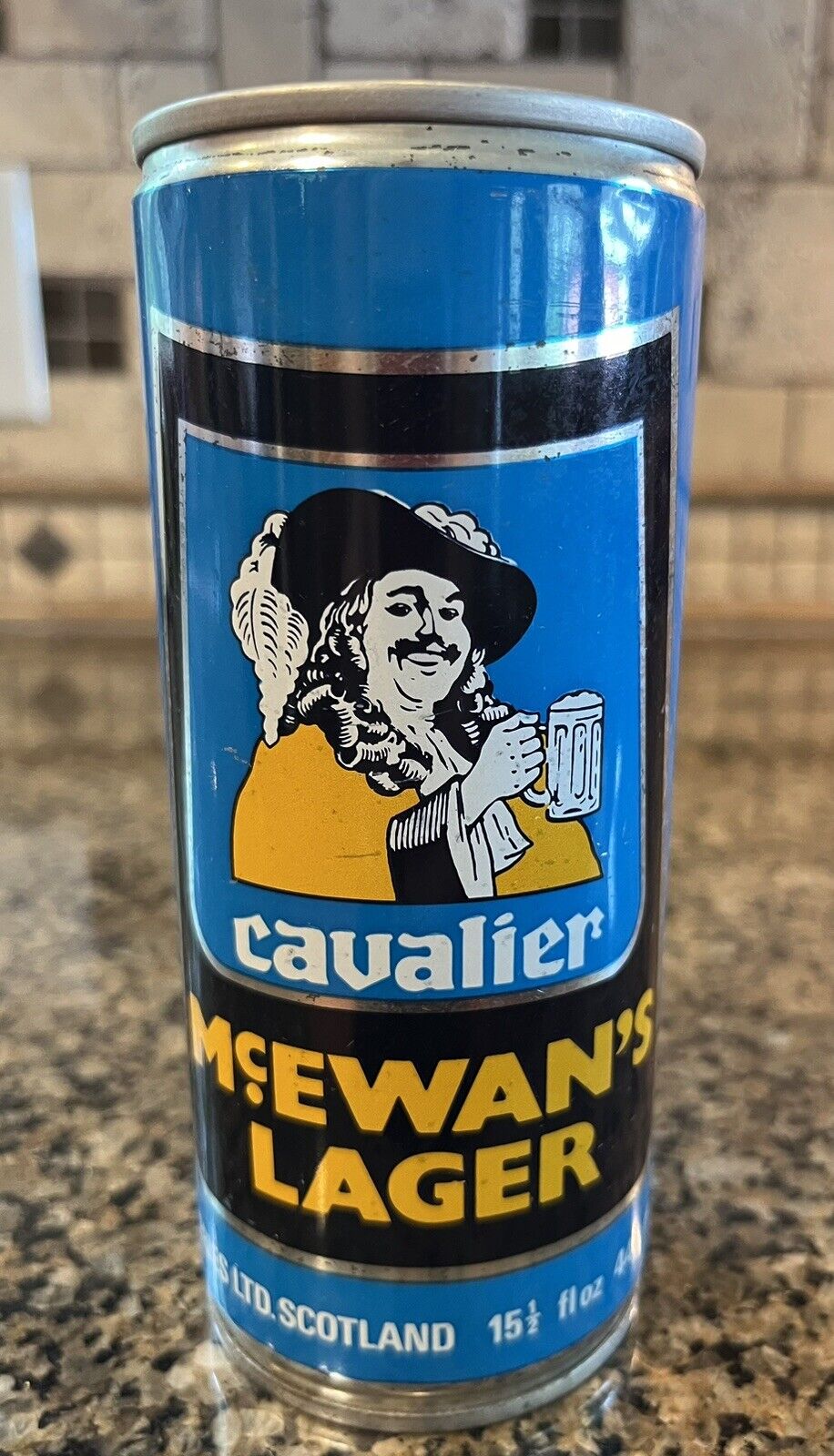McEwan's Lager Cavalier Steel Seam Empt Beer Can Pull Tab Scotland Vintage 440ml