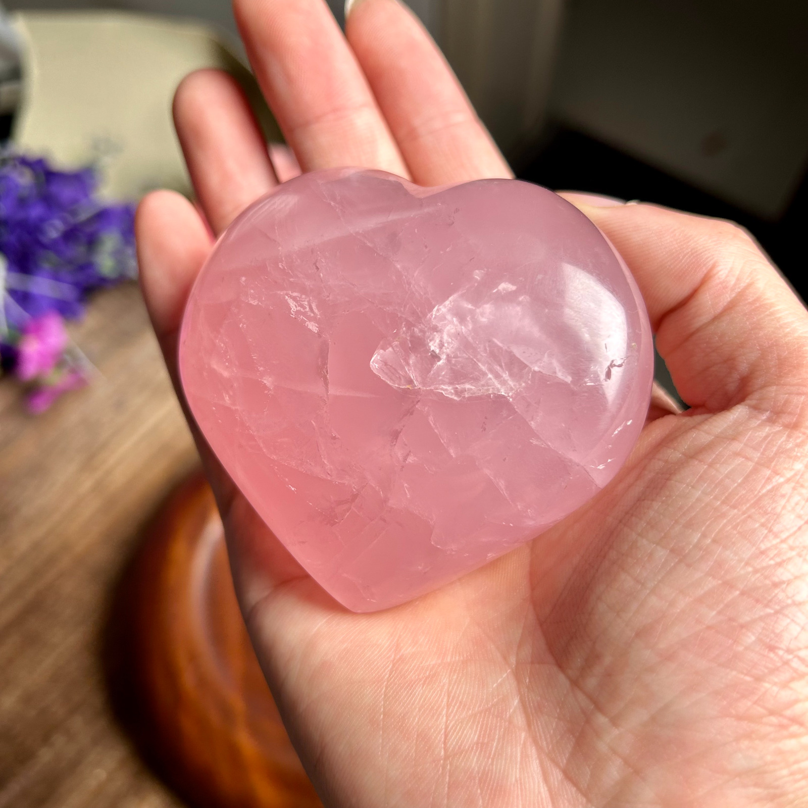 345G Natural pink rose Quartz Peach heart hand Carved Crystal Reiki Healing 4th