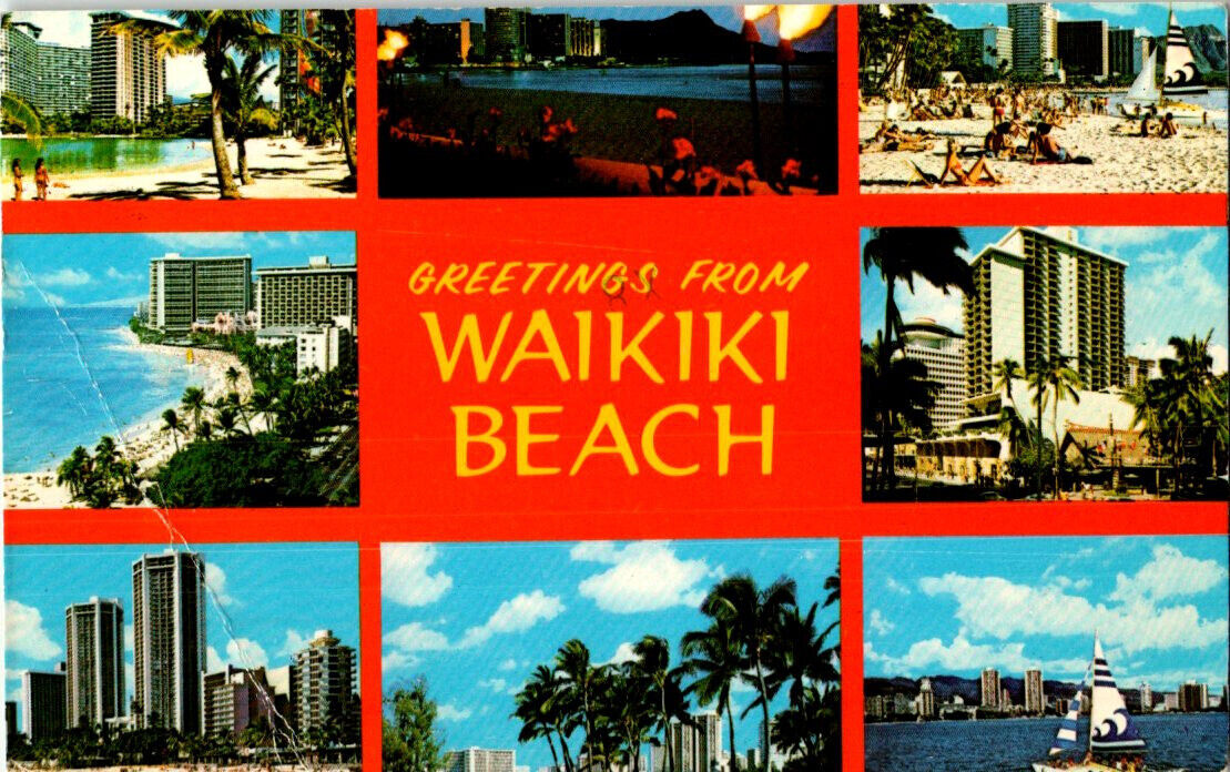 Greetings From Waikiki Beach Multi View postcard