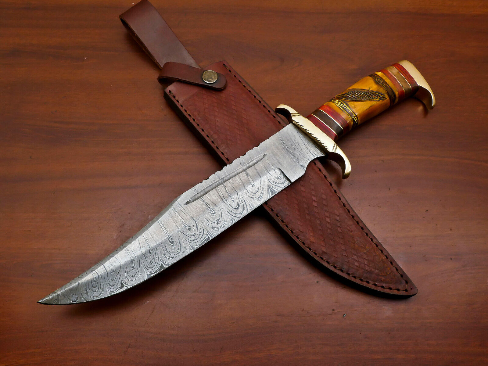 CUSTOM FORGED HANDMADE DAMASCUS BLOOD GROOVED BLADE BOWIE HUNTING KNIFE -HB-4504