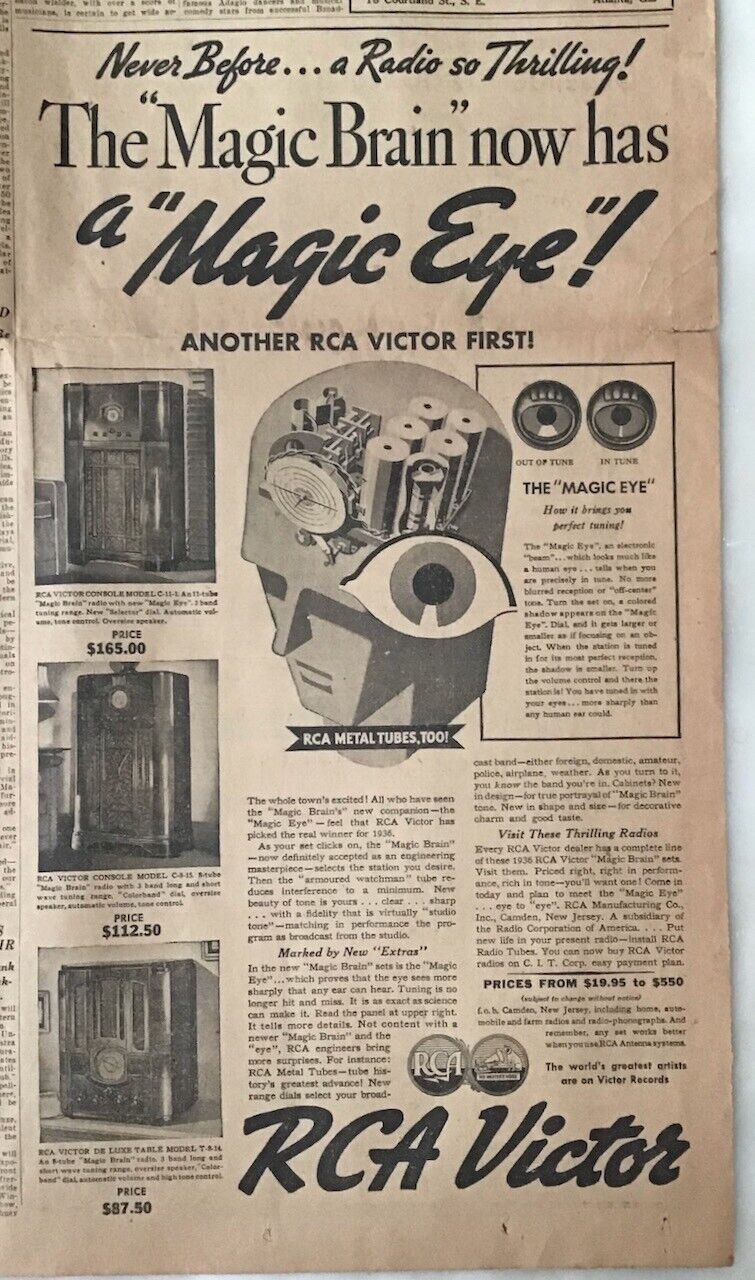 1935 newspaper ad for RCA Radios -  Magic Brain now has Magic Eye