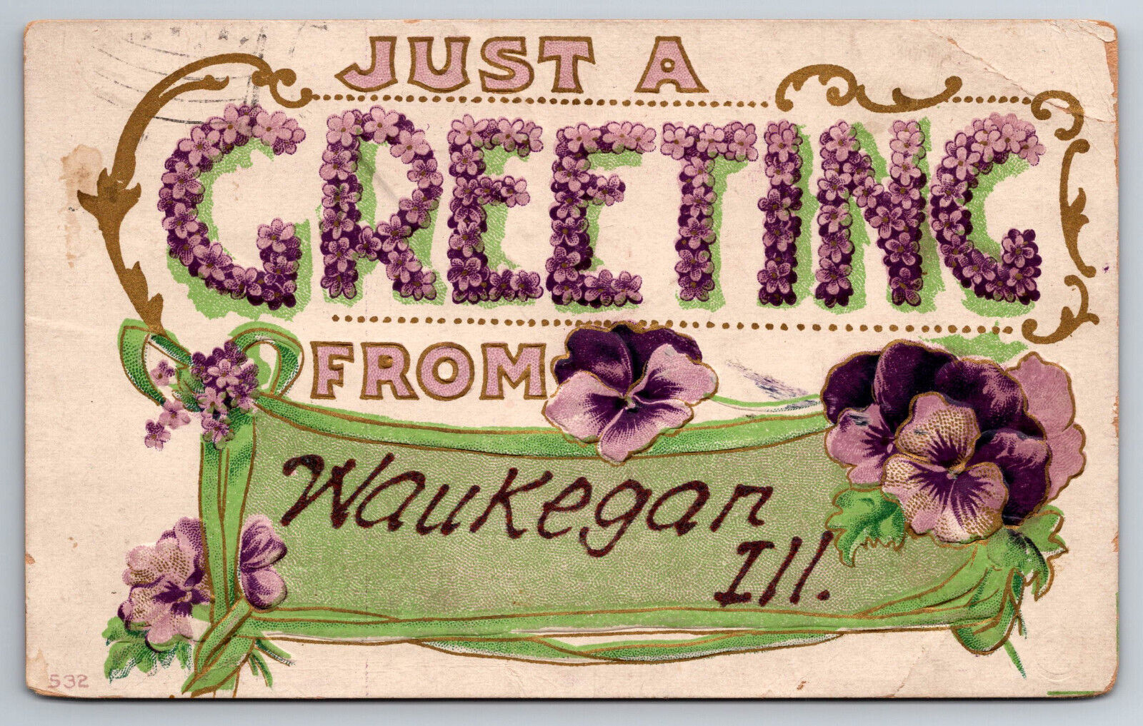 Vintage Postcard IL Waukegan Greetings Flowers Embossed c1910 ~6211