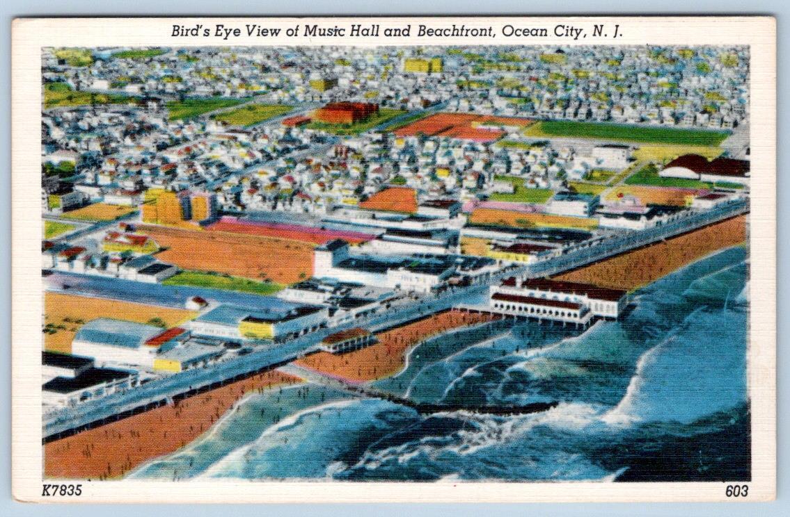 1940-50's OCEAN CITY NJ BIRD'S EYE VIEW MUSIC HALL BEACH VINTAGE LINEN POSTCARD