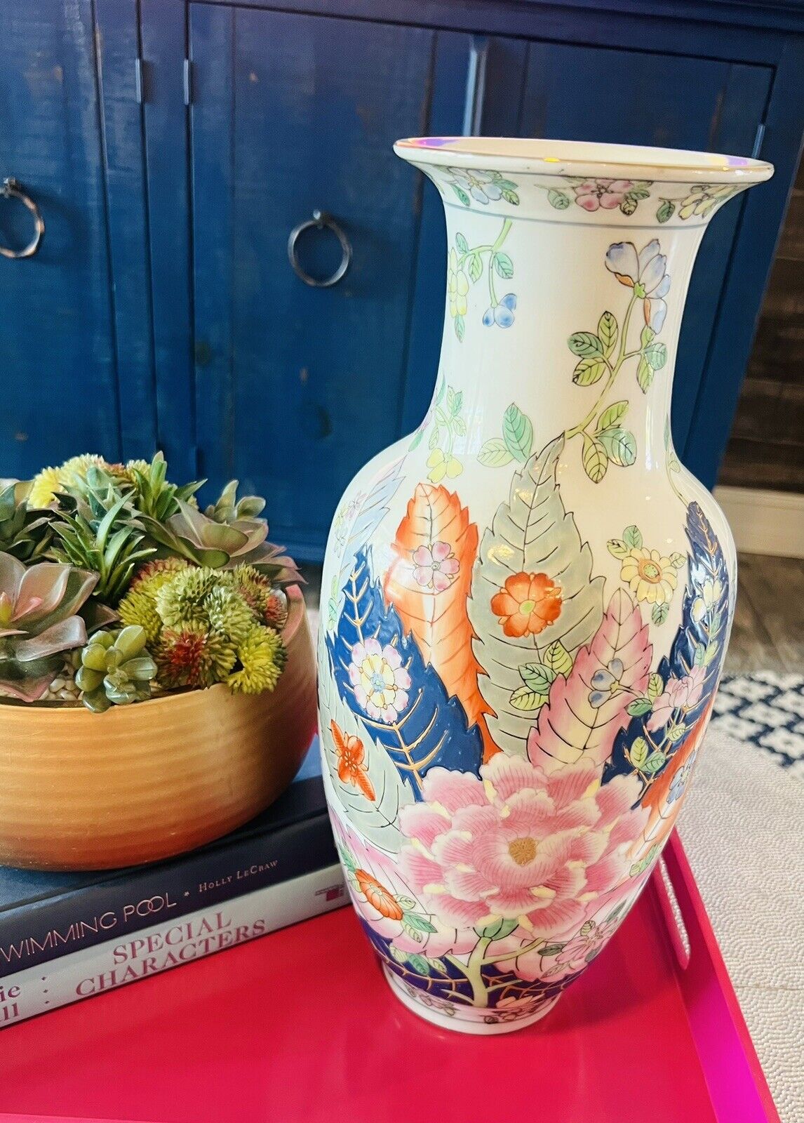 Vintage Chinese Tobacco Leaf Tall Vase, 14.5”