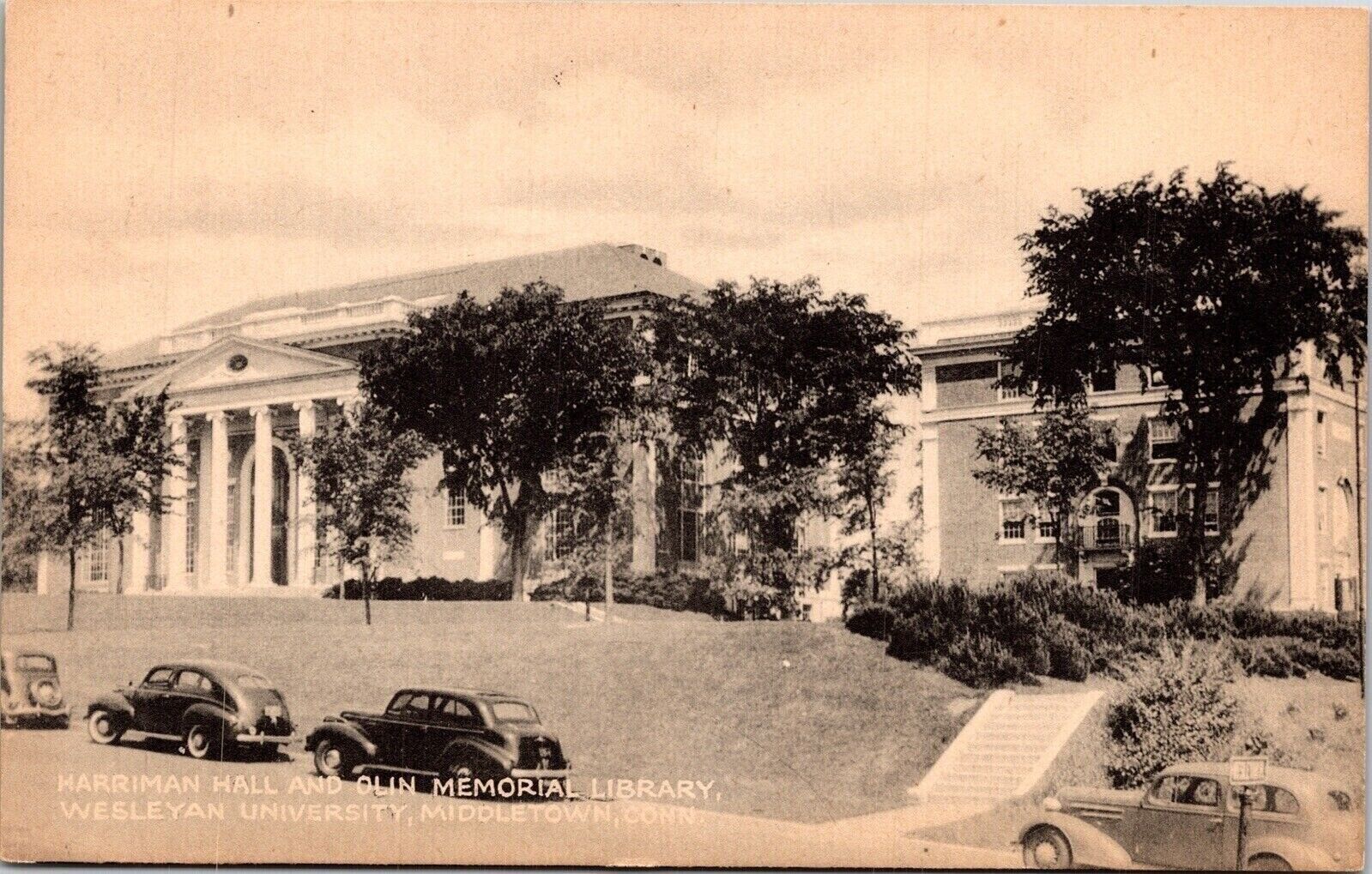 Harriman Hall & Olin Memorial Library Middletown Connecticut BW Postcard