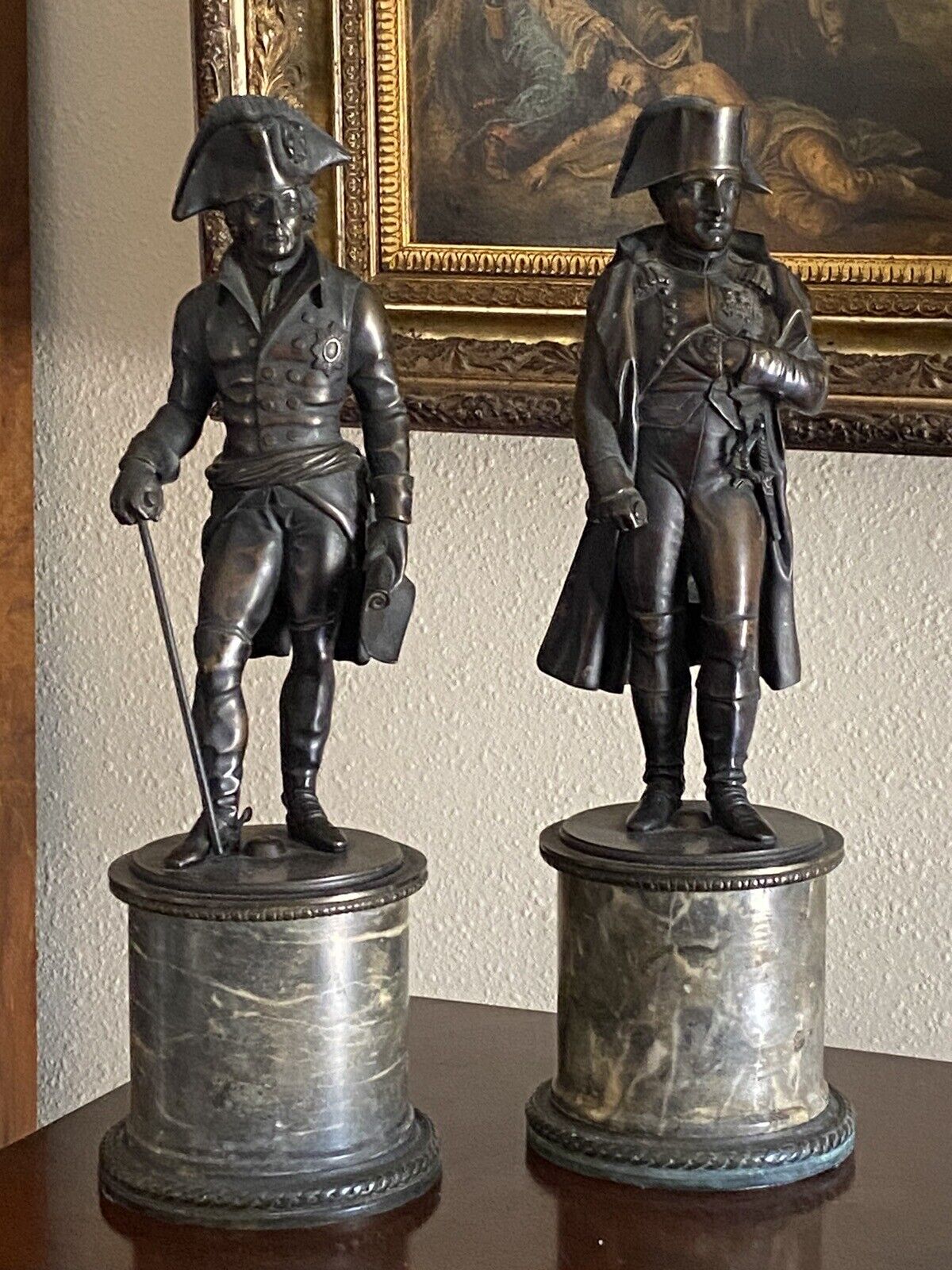 Antique Pair Marble And Bronze Napoleon / Frederick the Great of Prussia Statues