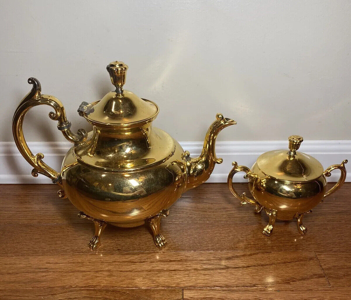 Vtg Commonwealth Silver Inc Tea Teapot / Coffee & Sugar 24 Kt Gold Electroplated