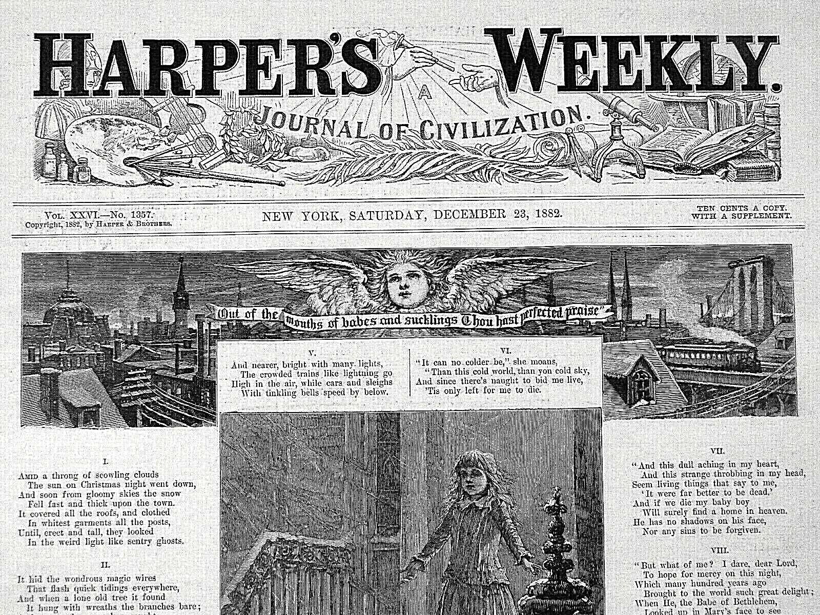 Antique. HARPER\'S WEEKLY  DEC 23, 1882 Cover w Christmas Ballad & Lithographs