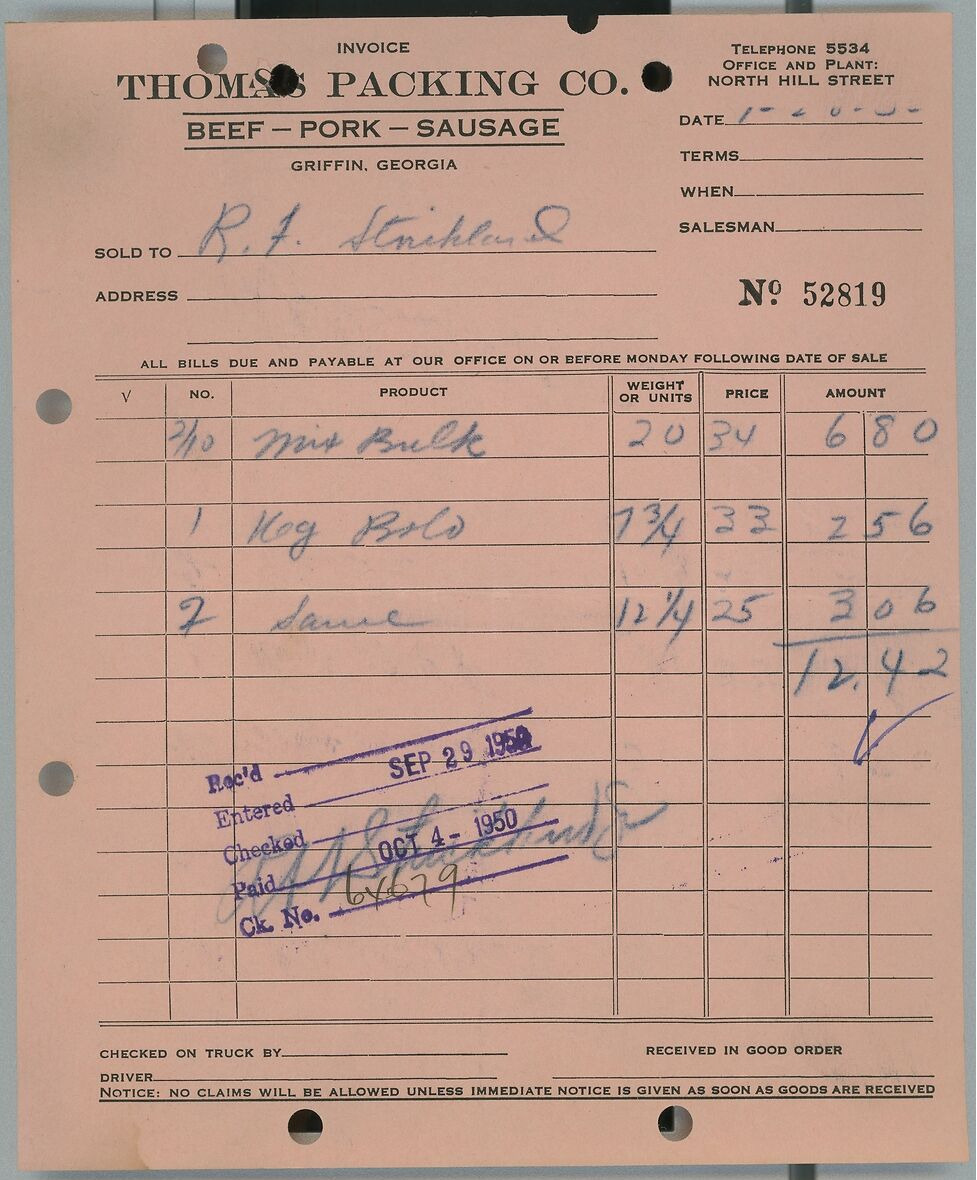 1950 Thomas Packing Co. Griffin GA Beef-Pork-Sausage Invoice for Meat  141
