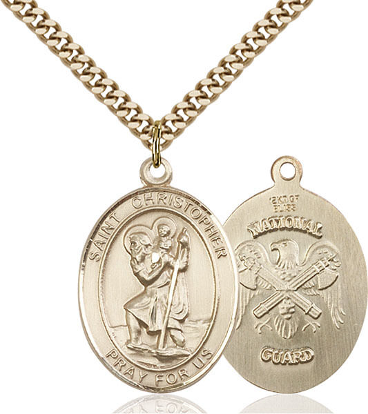 14K Gold Filled St Christopher Nat\'l Guard Military Catholic Medal Necklace