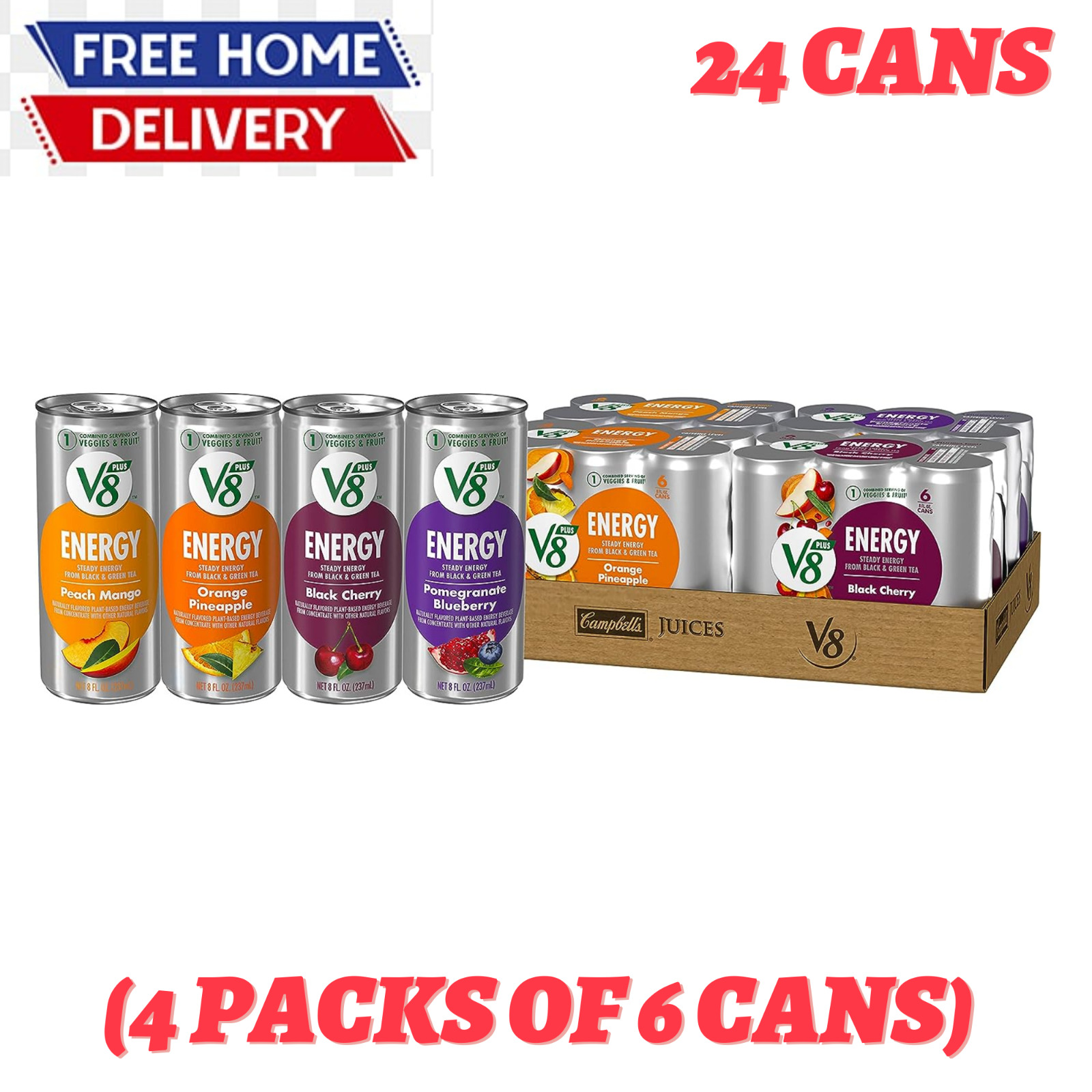 V8 +ENERGY Energy Drink Variety Packs, 8 FL Oz Can (Case of 24)